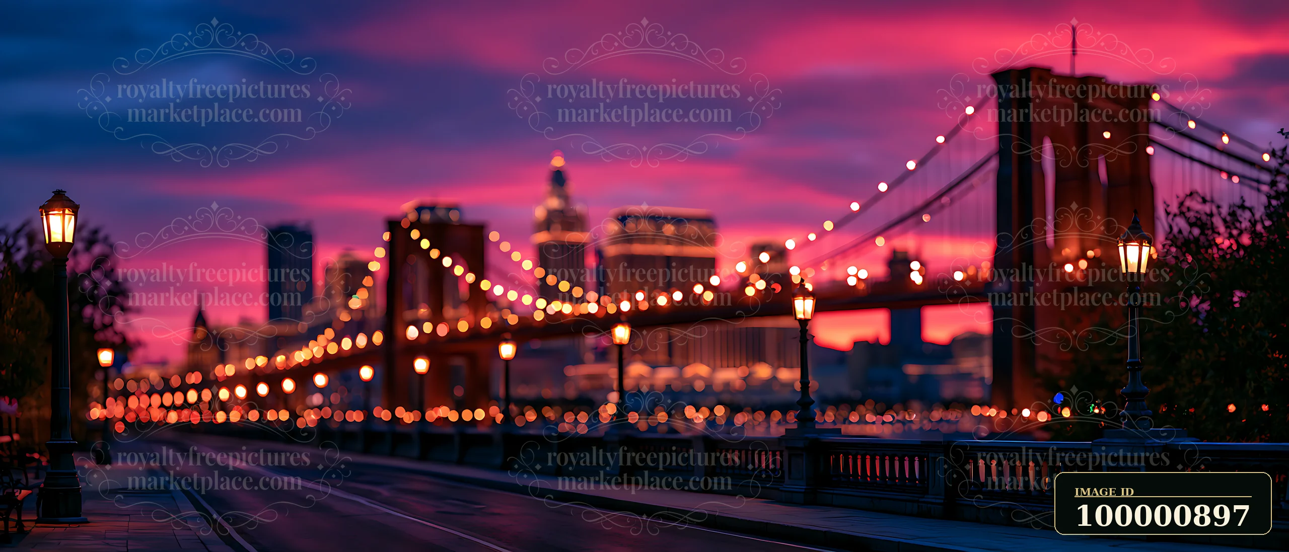 Brooklyn Bridge is illuminated by lights as sunset paints the sky in shades of pink and purple.