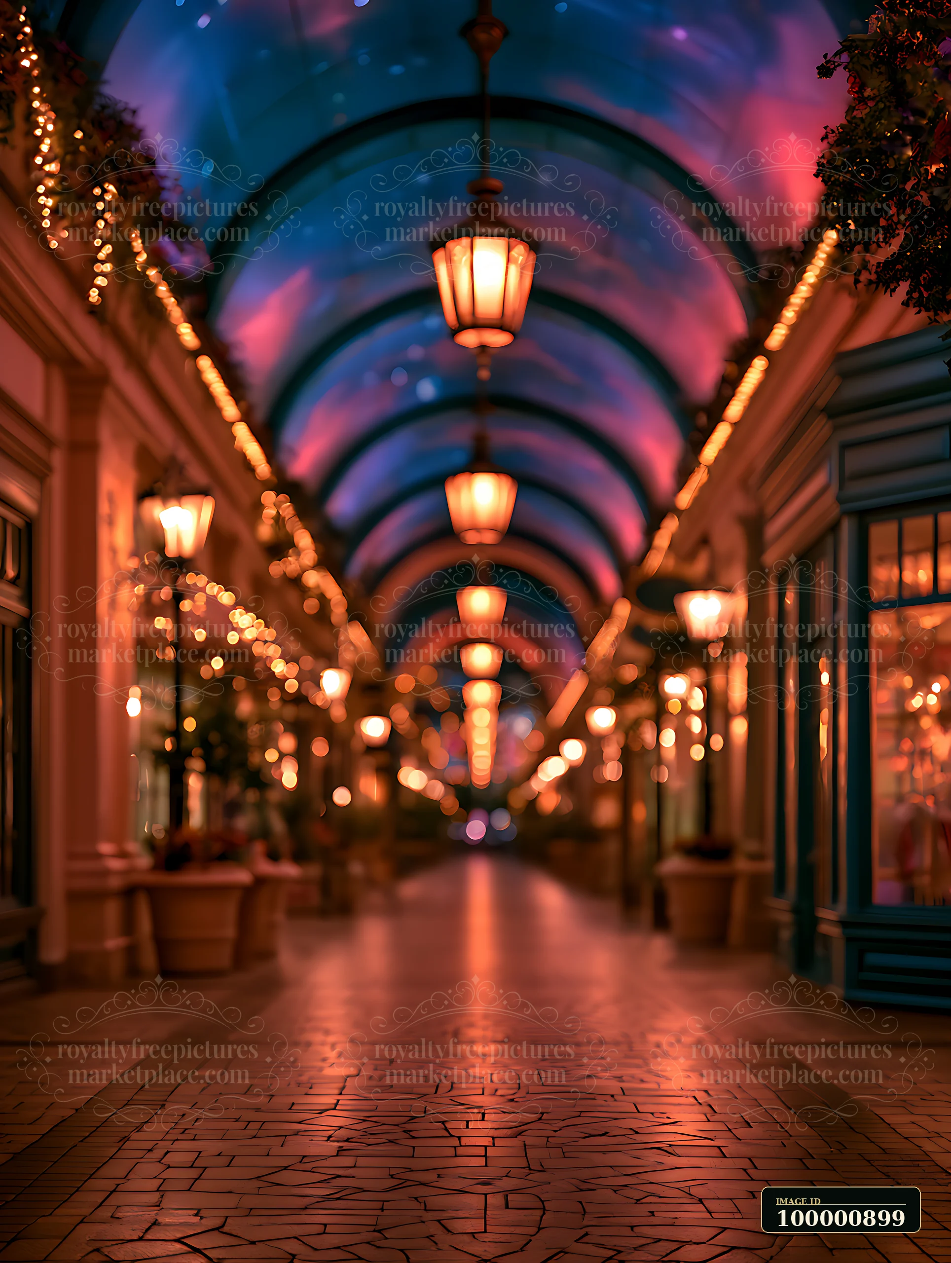 A walkway features colorful lights and decorative lamps in an indoor setting.