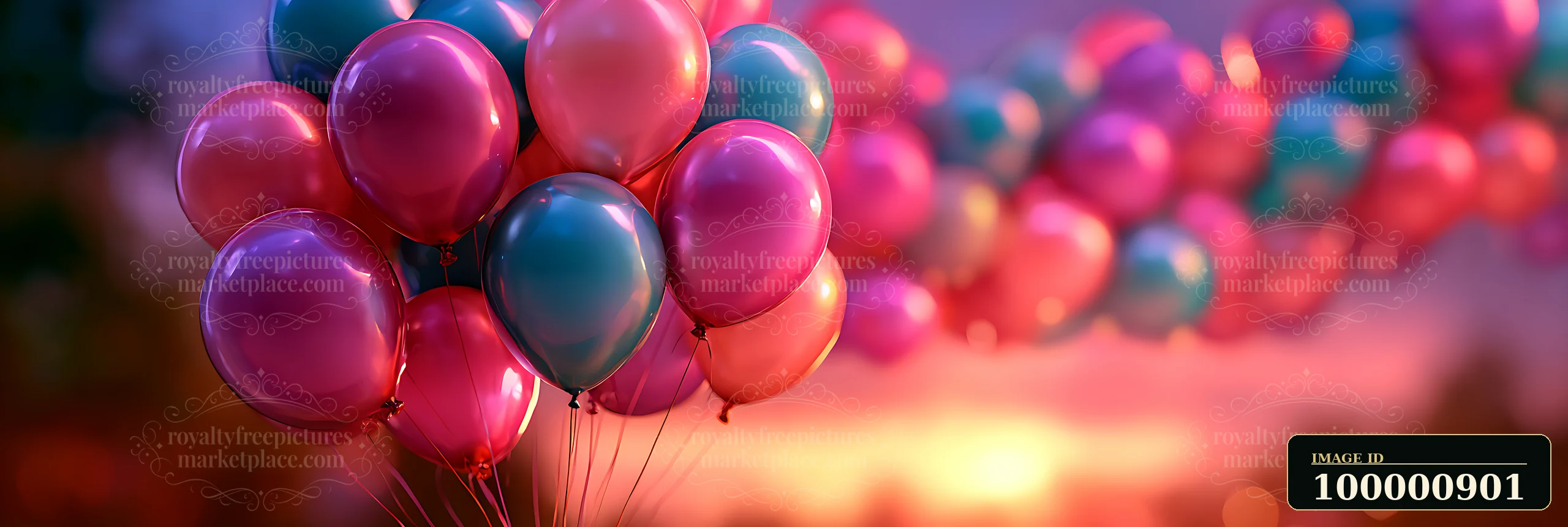 Balloons in vibrant colors drift in the air as the sun sets in the background, creating a cheerful atmosphere.