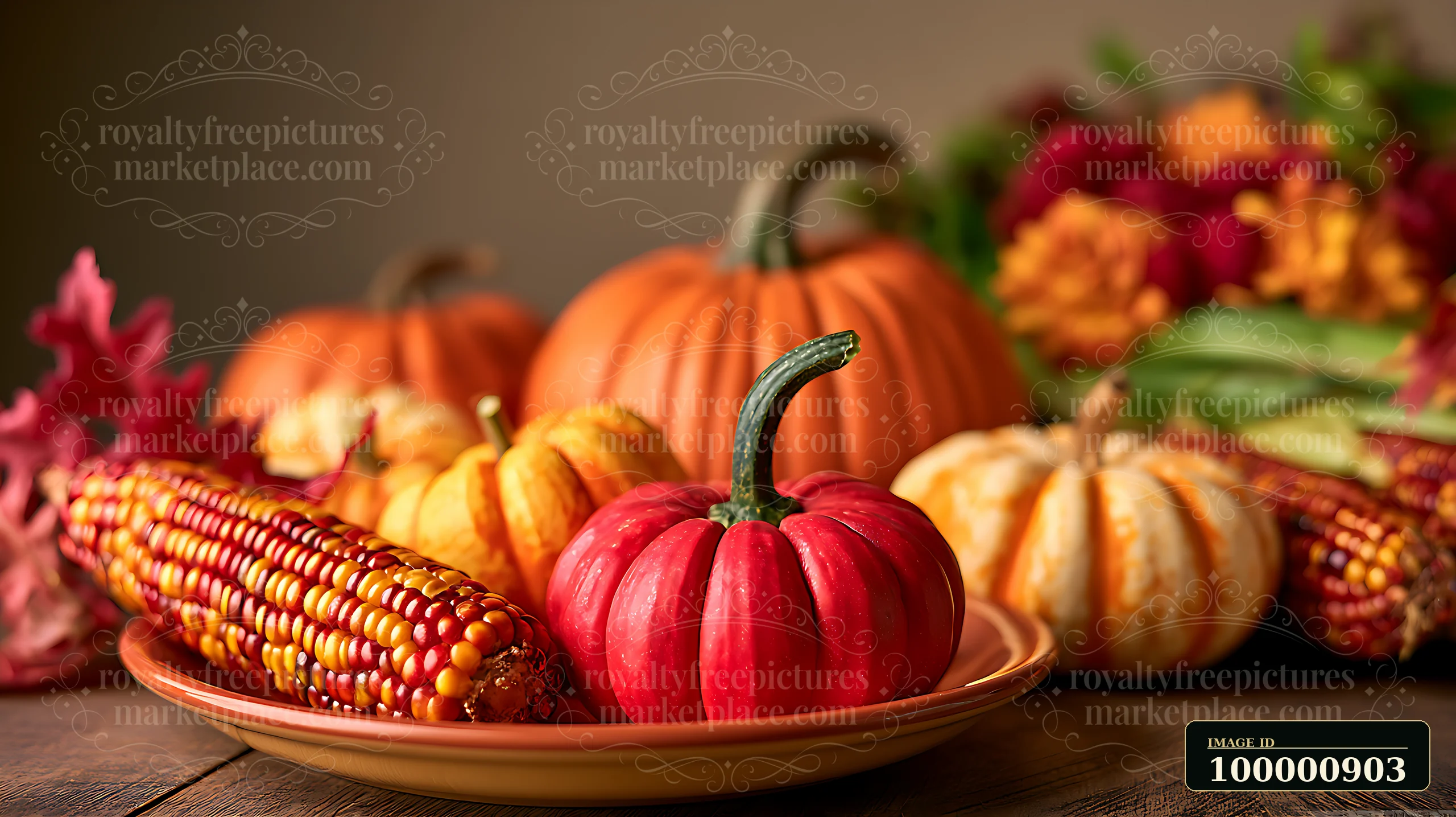 A collection of pumpkins and colorful corn is arranged on a brown plate.