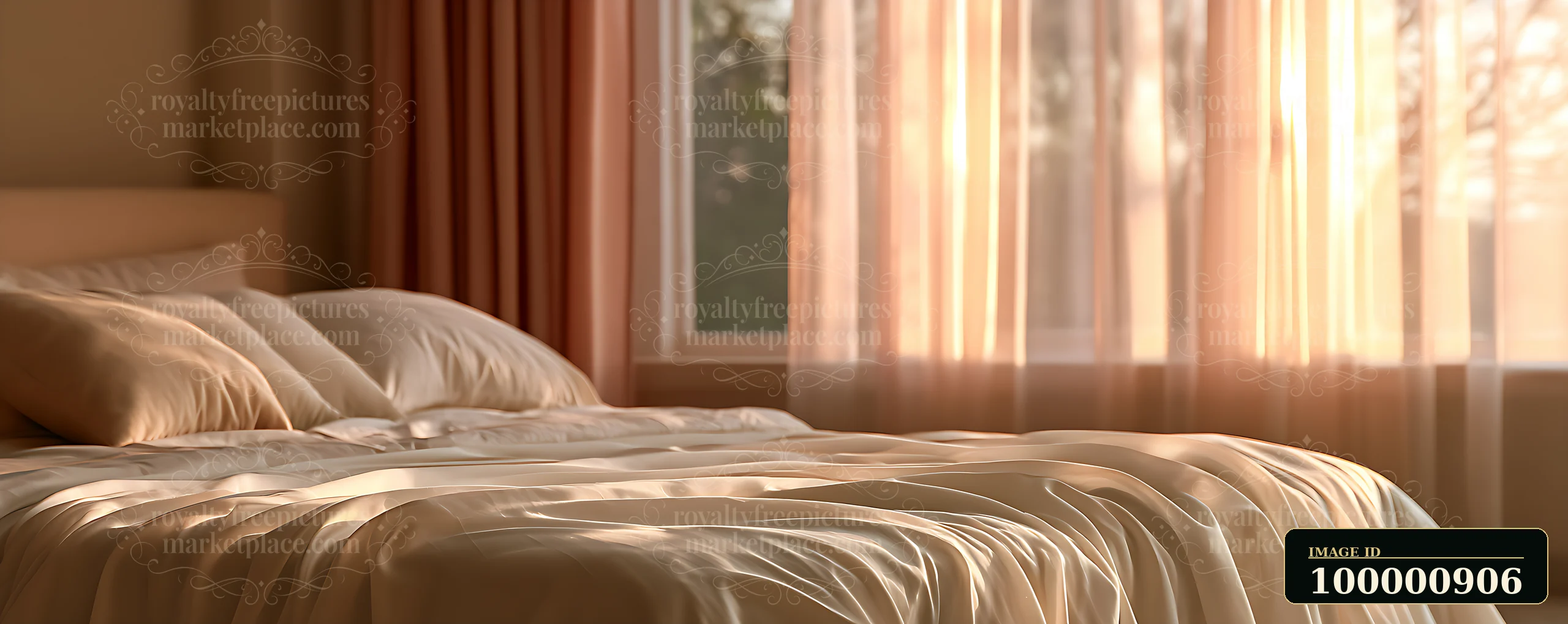 Sunlight streams through sheer curtains onto a neatly made bed.