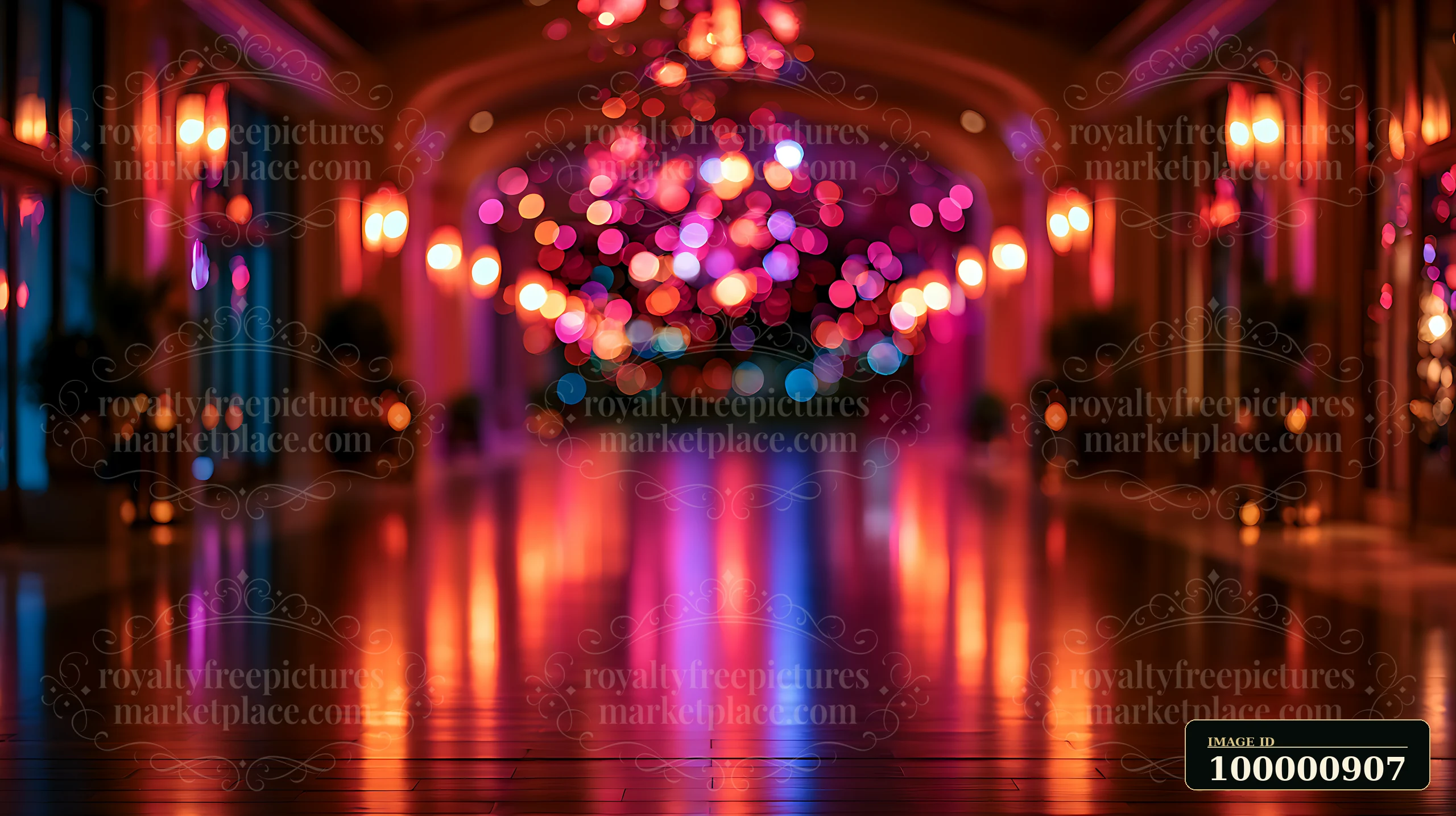 A hallway features vibrant light reflections from decorative lamps, creating a lively atmosphere.
