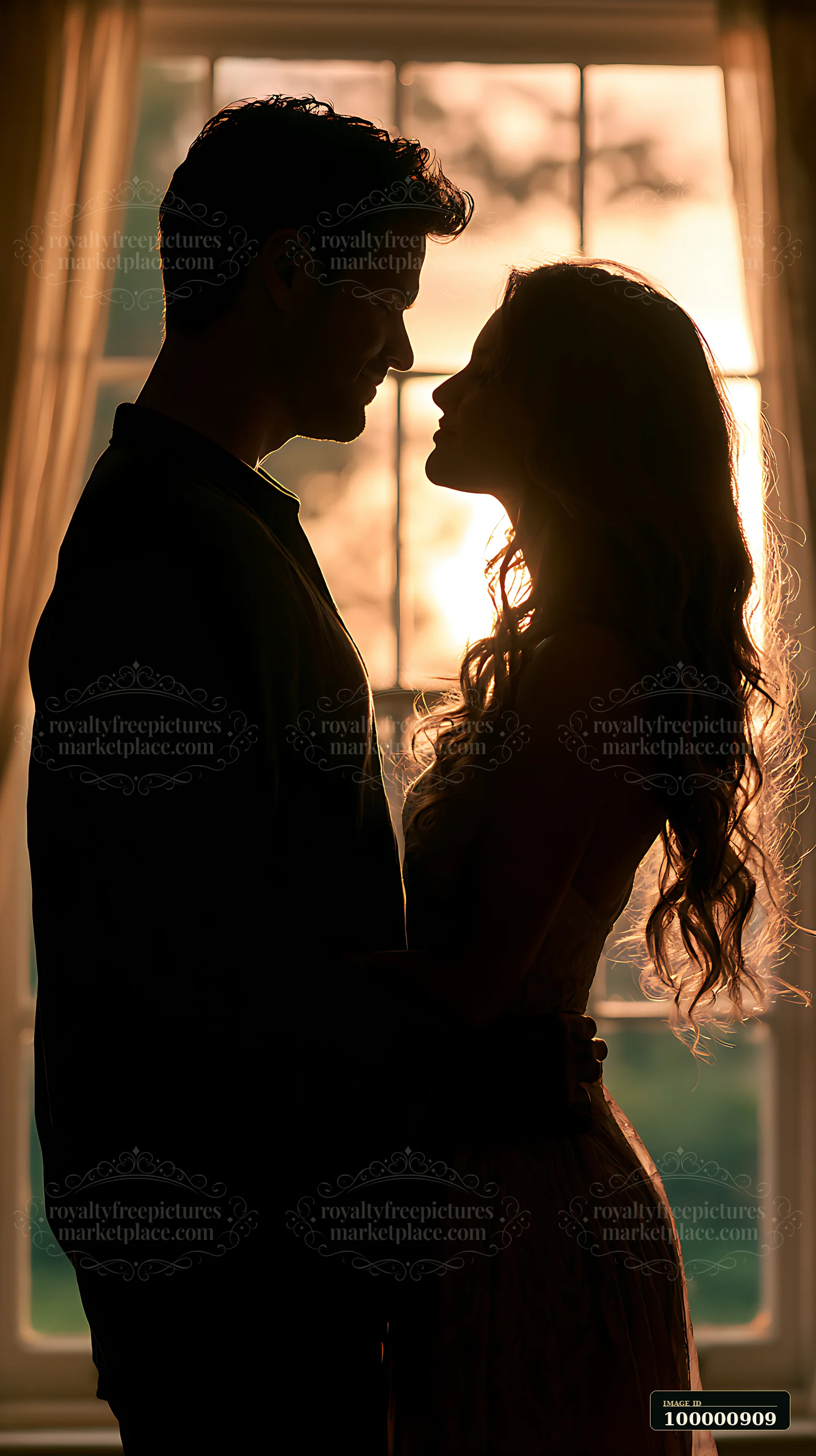 A couple stands close together, silhouetted against a golden sunset filtering through a window.