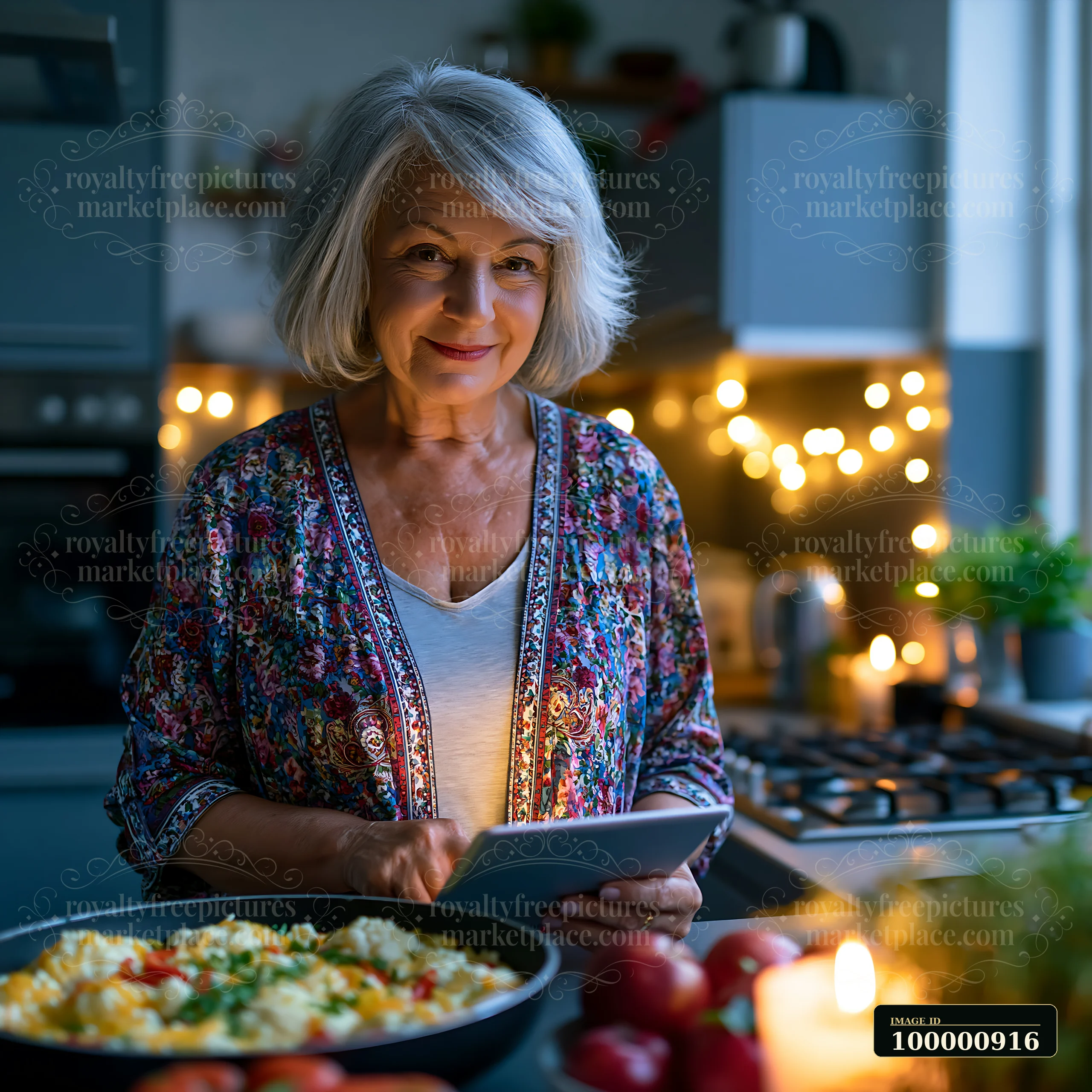 A senior woman stands in a kitchen, holding a tablet while preparing a meal.