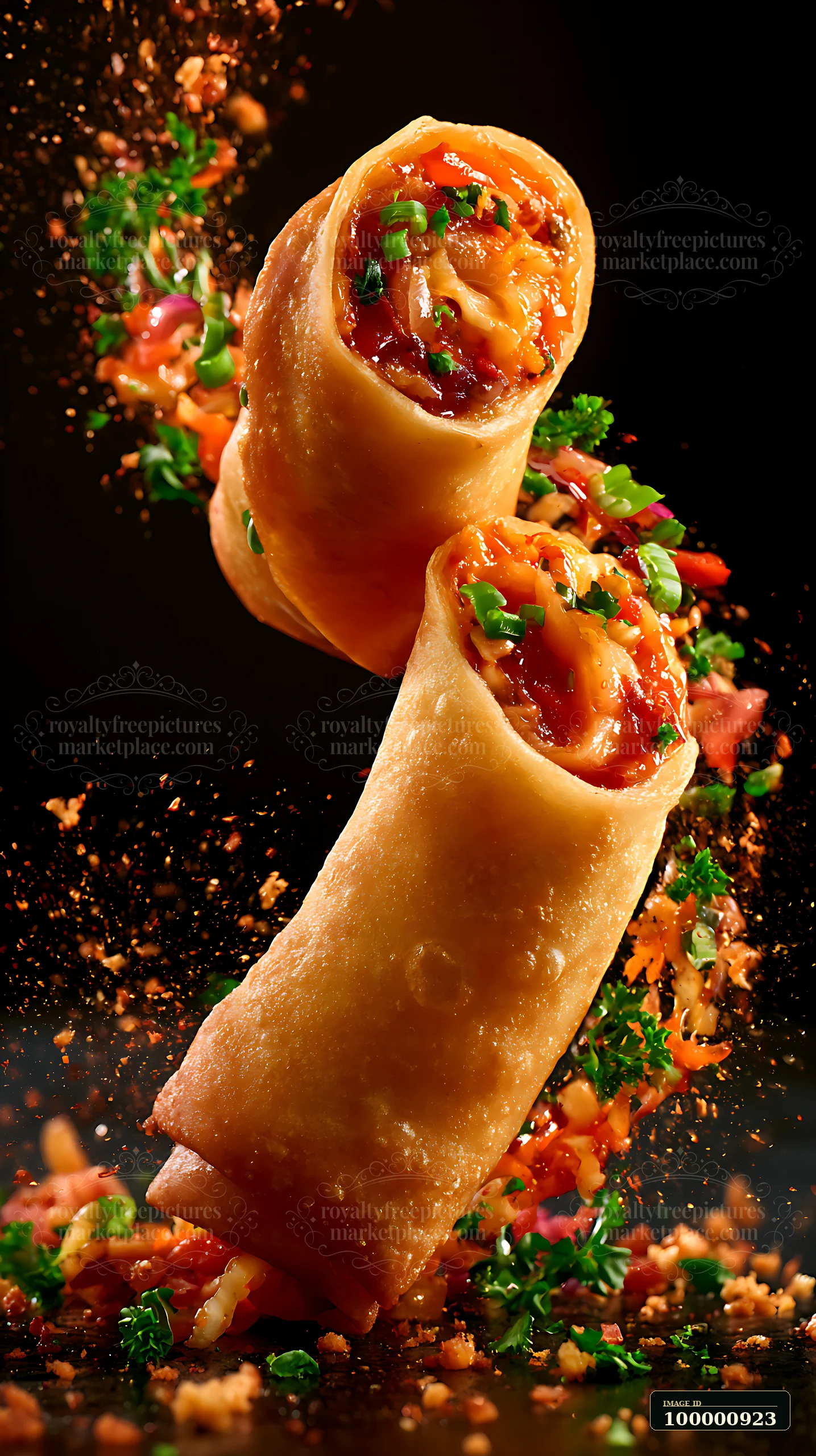 Two spring rolls float with a burst of vibrant vegetables and spices around them.