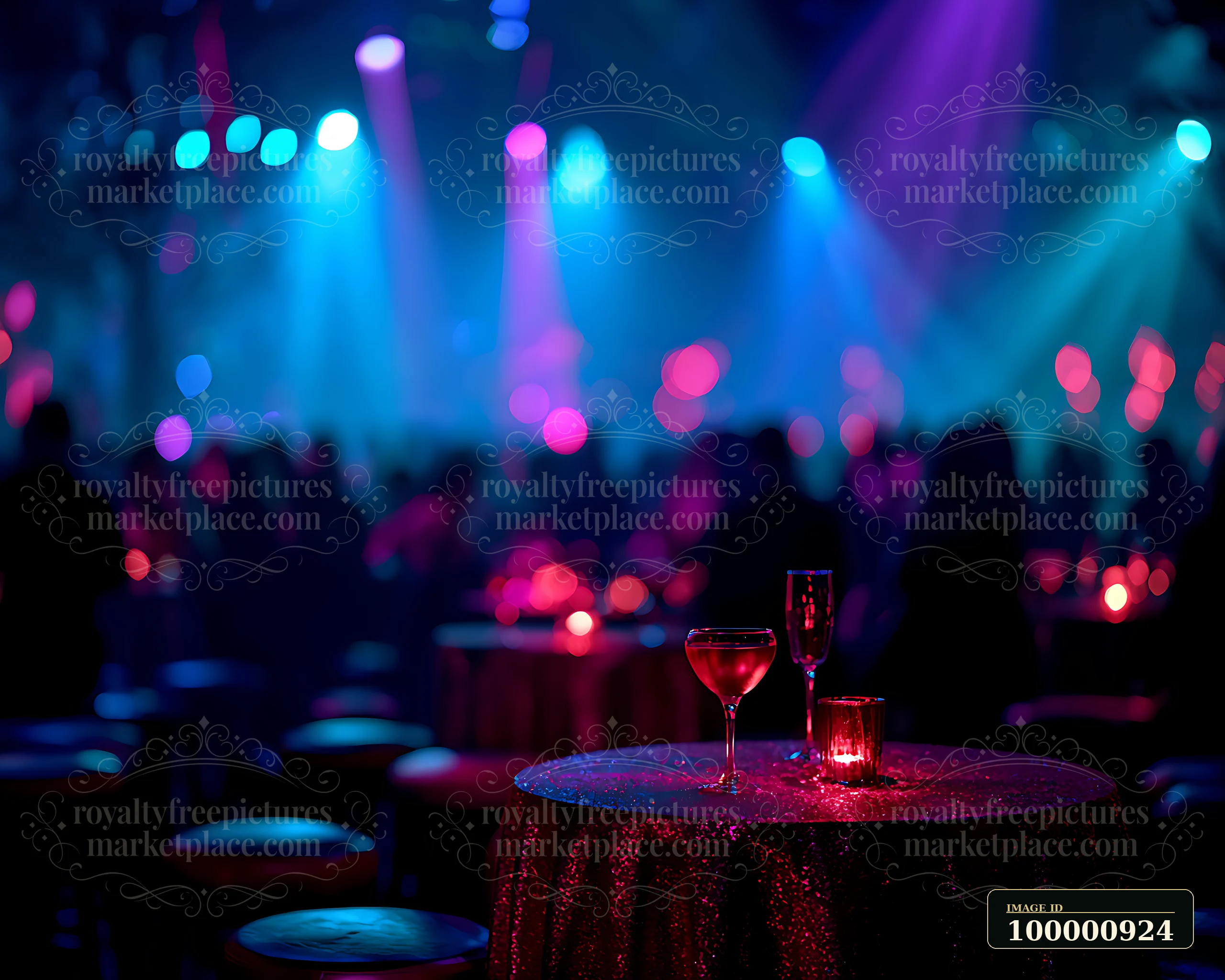 A bar area features sparkling drinks on tables under vibrant lights.