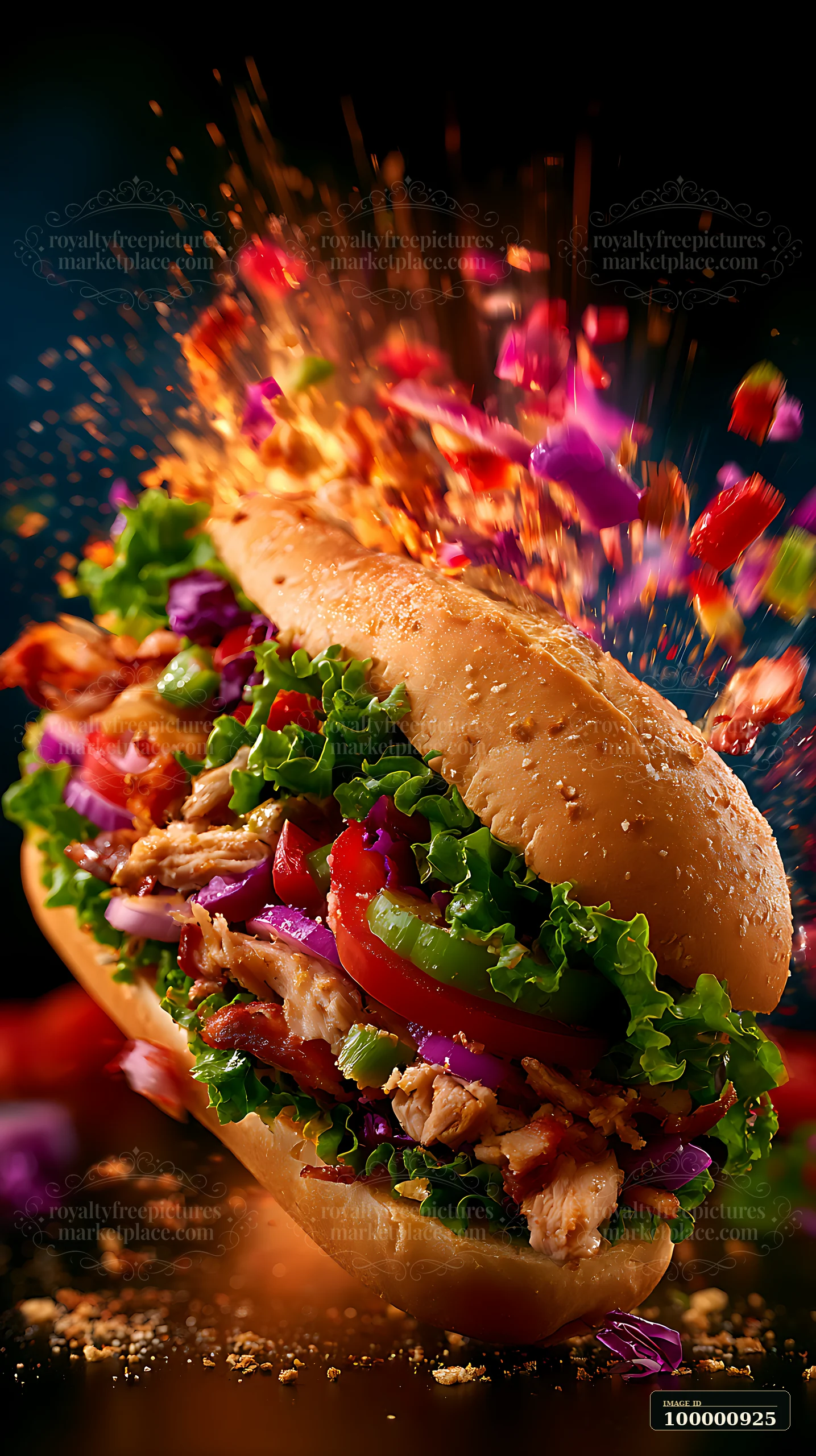 A sandwich filled with lettuce, tomatoes, and grilled chicken sits on a dark background.
