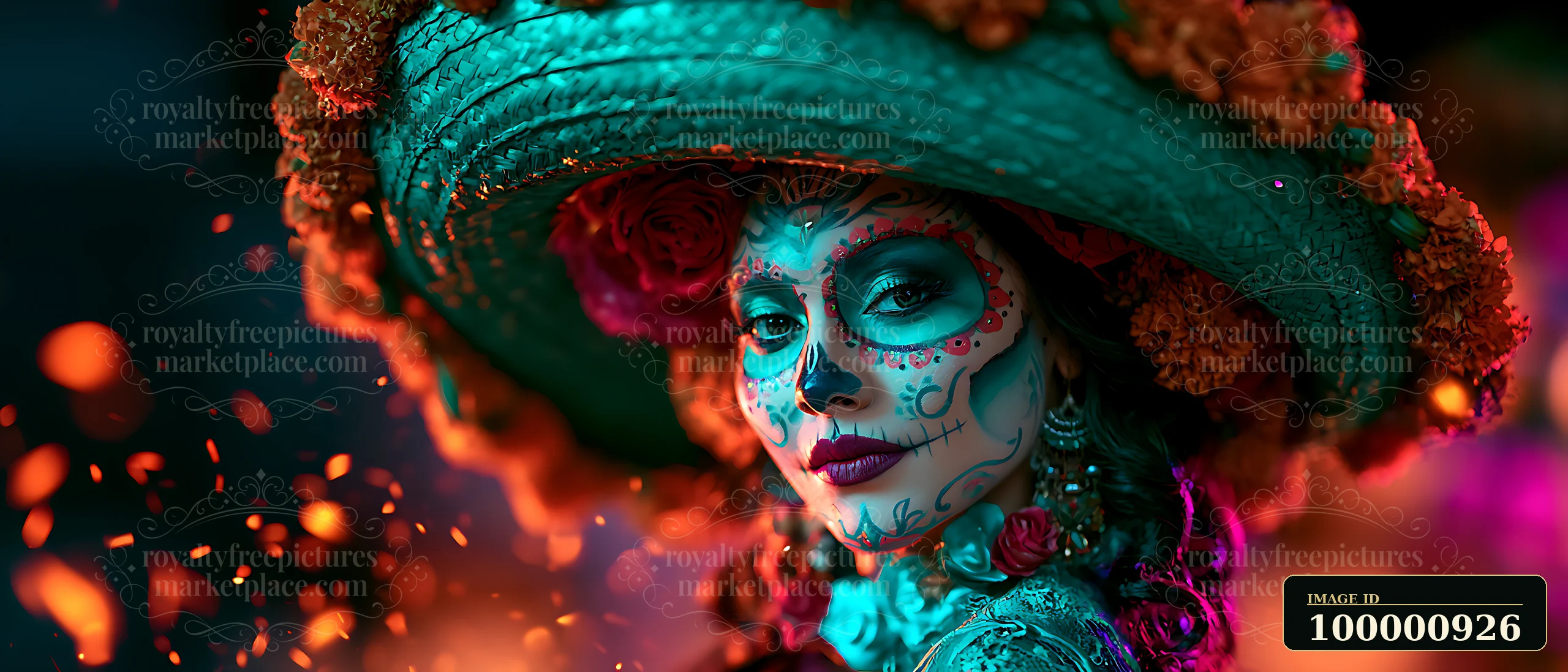 A woman wears a large sombrero adorned with flowers while celebrating the Day of the Dead.