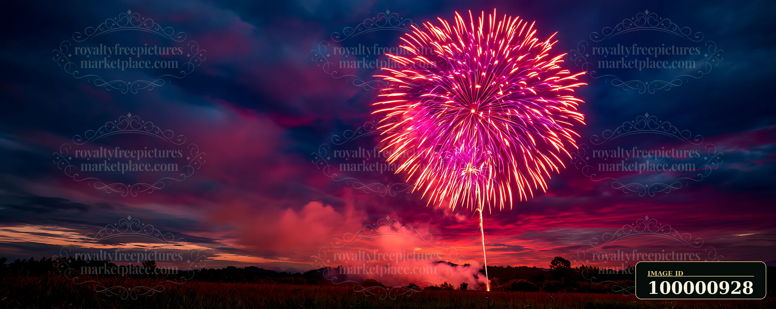 Bright fireworks burst in the evening sky, surrounded by clouds and smoke, showcasing vibrant colors during a nighttime celebration over an open field.