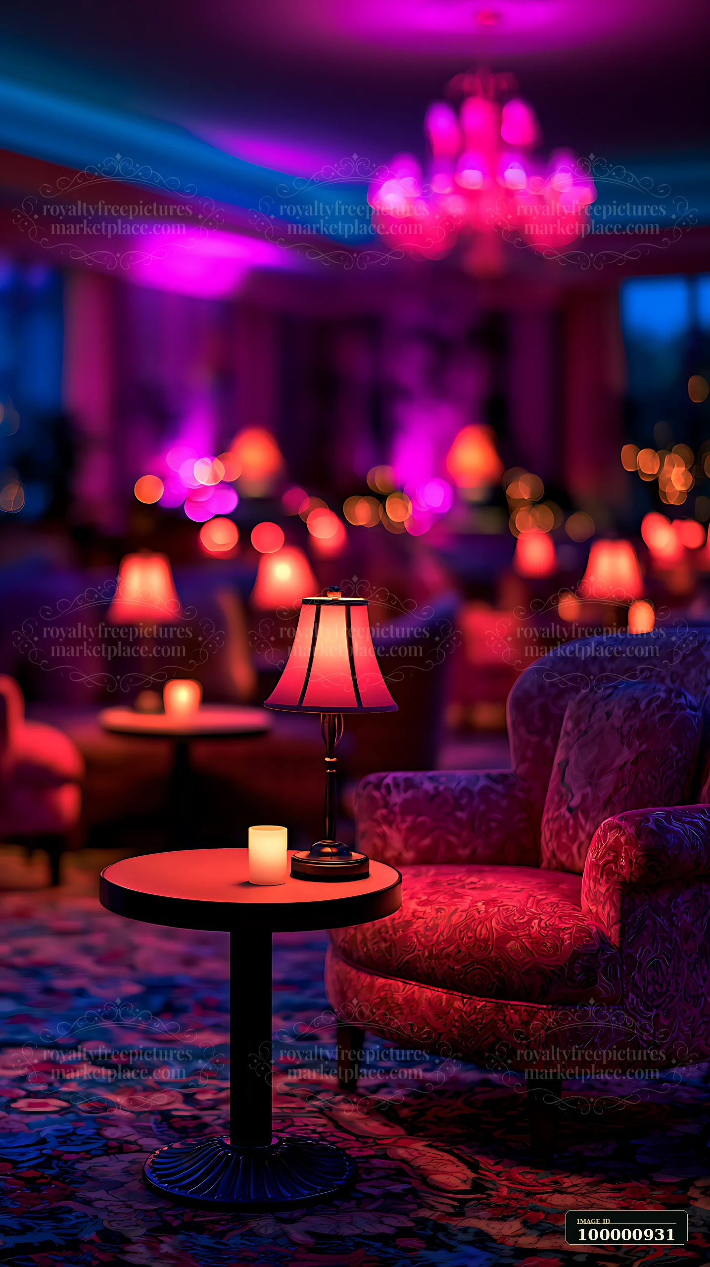 A comfortable lounge features plush chairs and lamps casting warm light, creating a vibrant atmosphere.