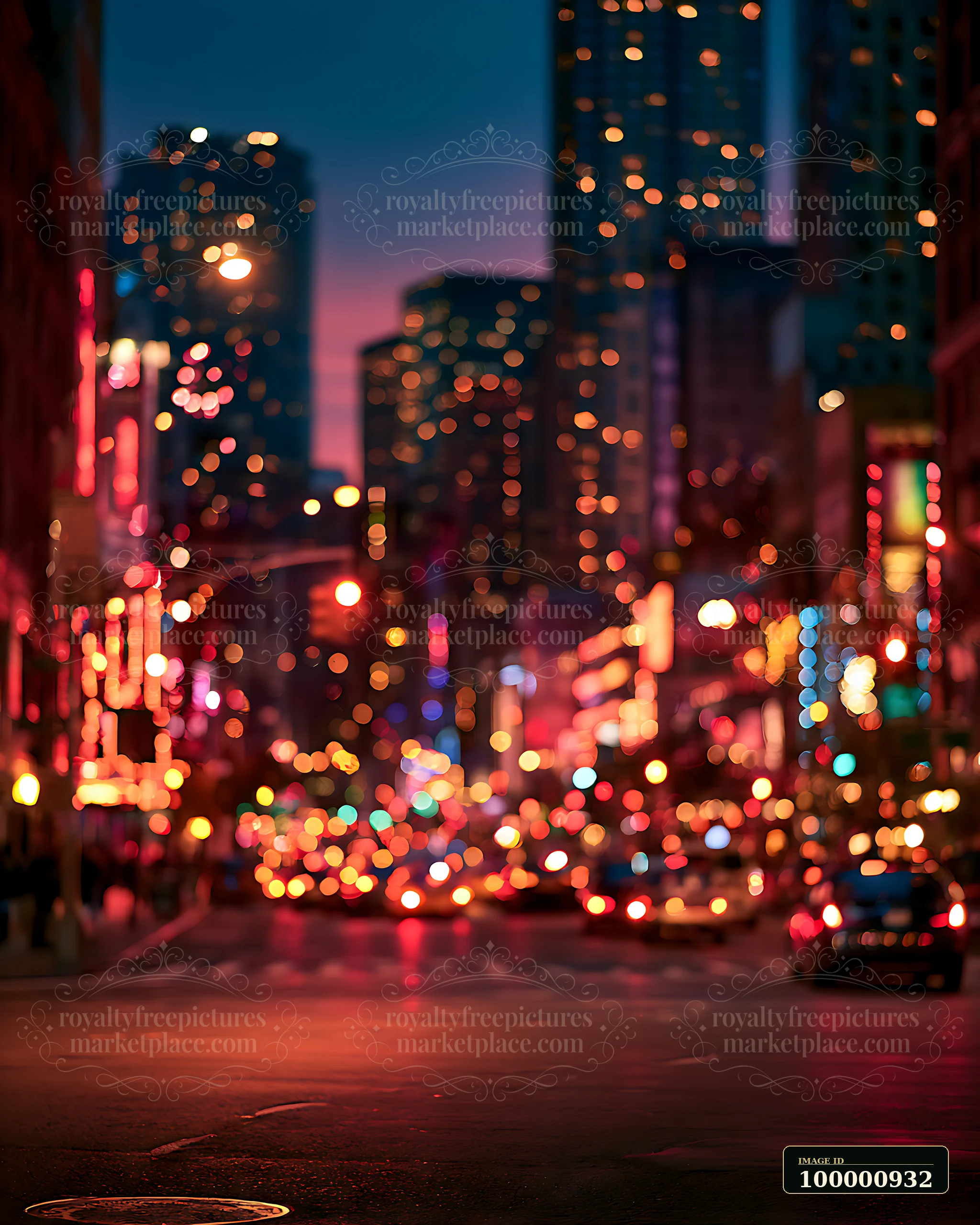 A busy city street shows bright lights and blurred traffic during dusk.