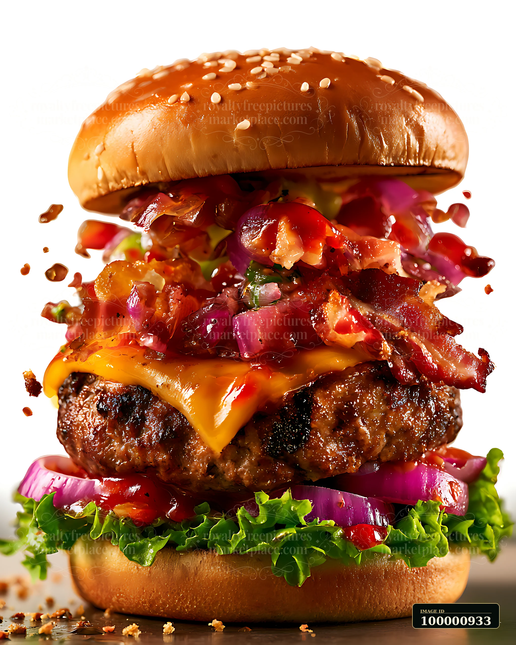 A hamburger stacked with a beef patty, bacon, cheese, lettuce, onions, and ketchup rests on a wooden surface.