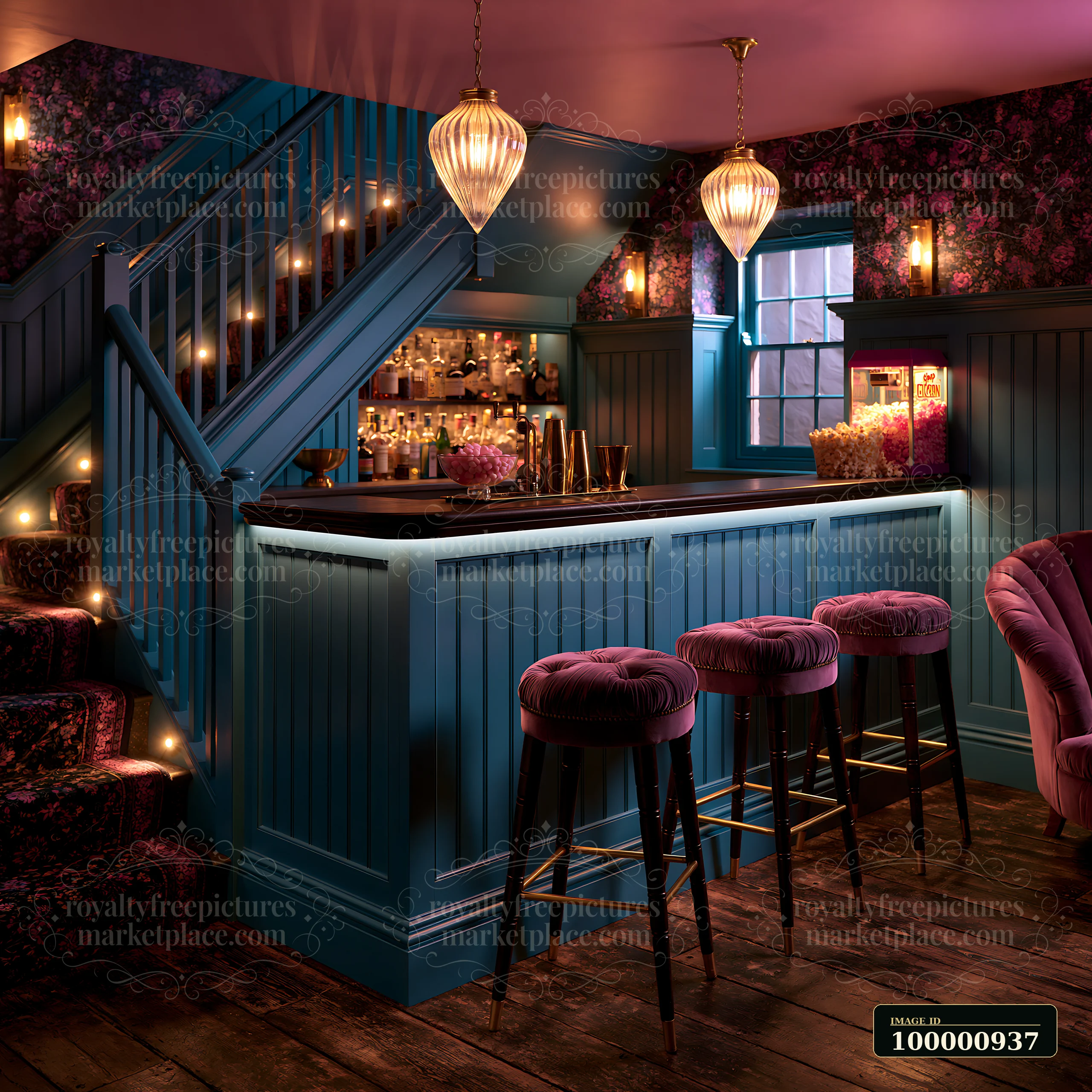 A well-designed bar area features purple stools, a counter with drink supplies, and a floral wallpaper backdrop.