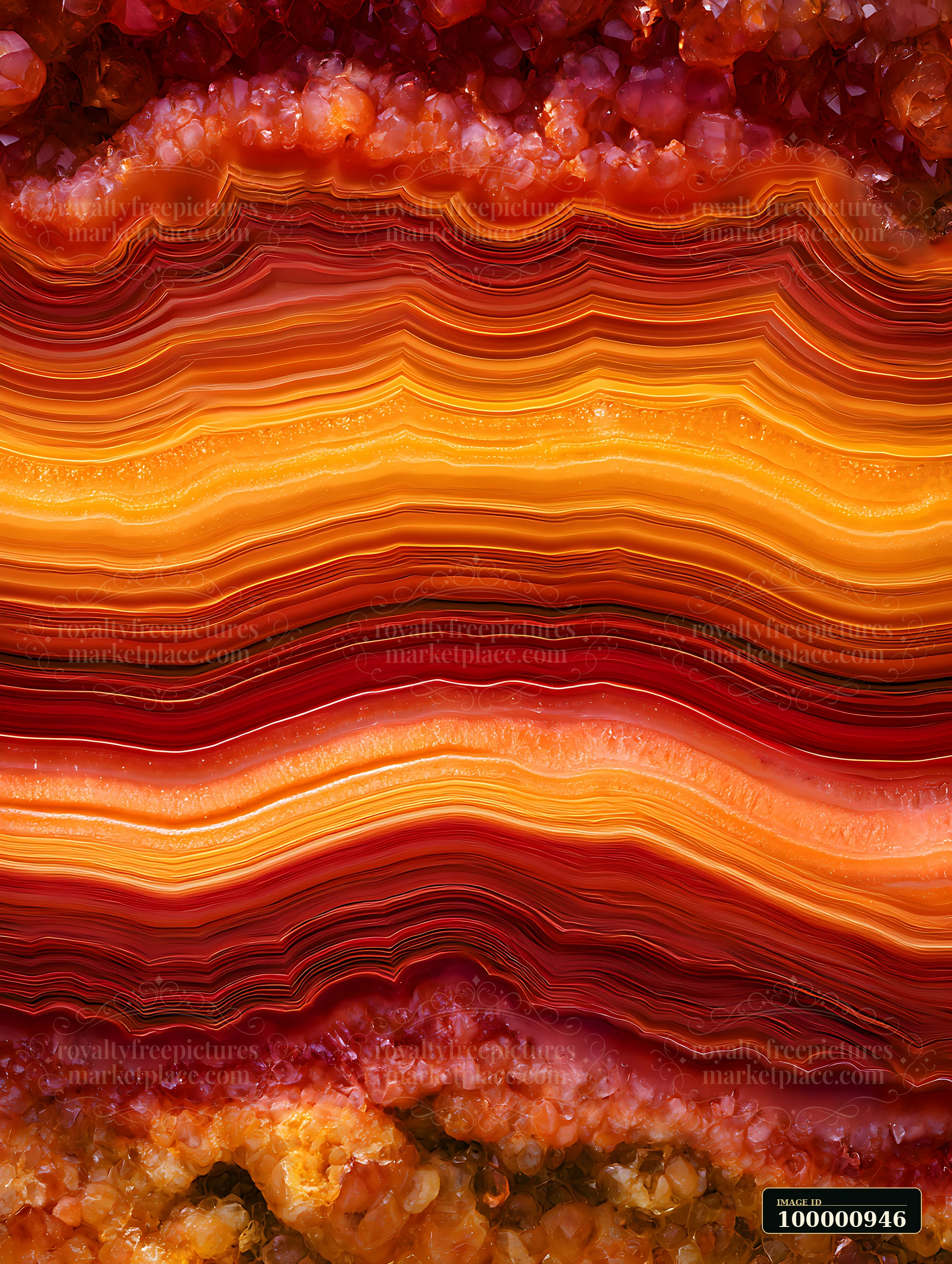 Bright bands of red, orange, and yellow are visible in this cross-section of agate stone.