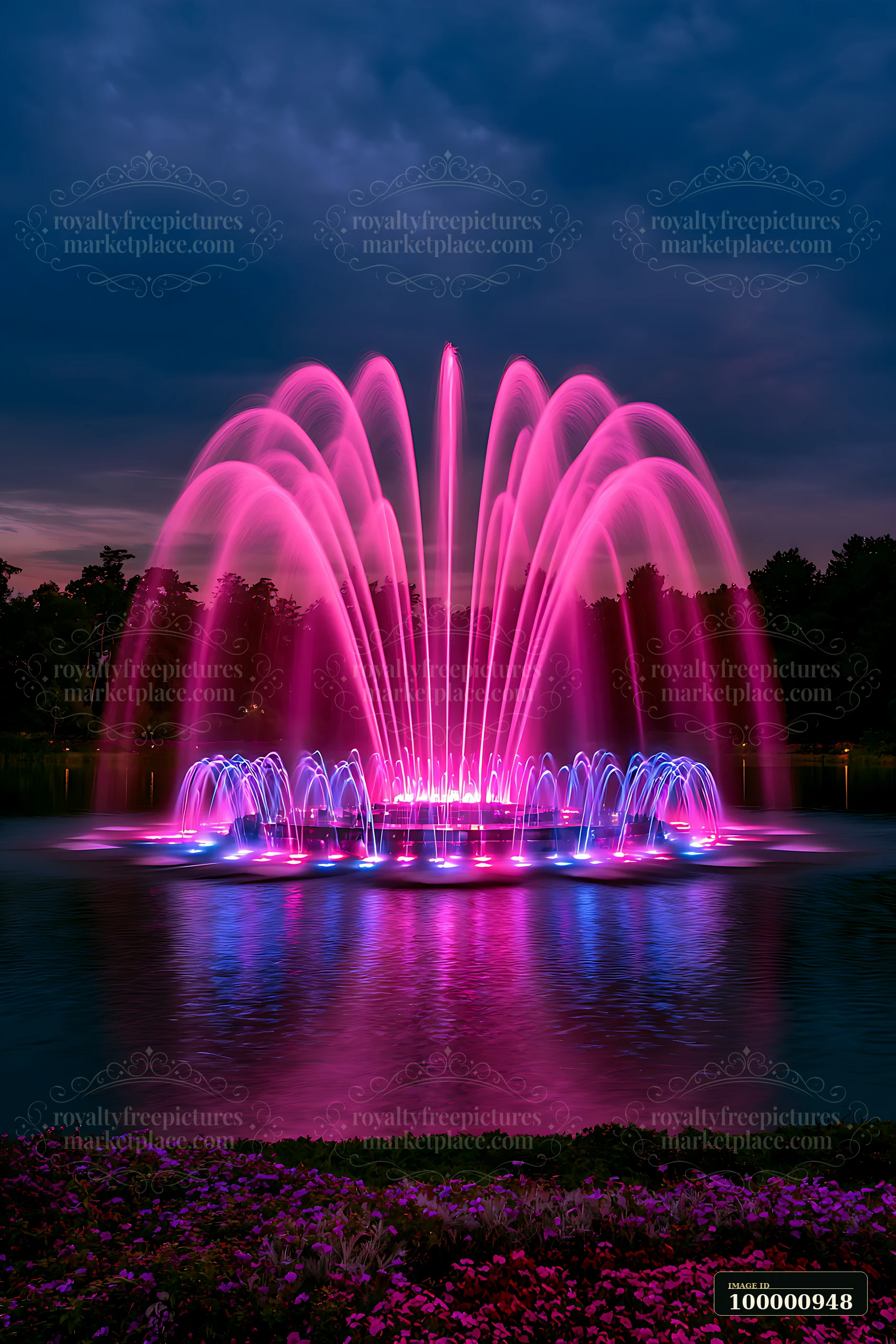 A vibrant fountain displays colorful water jets in shades of pink and blue against a dark sky.