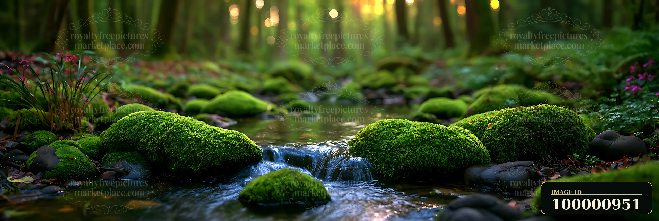 A stream flows through a lush forest, surrounded by moss-covered rocks and greenery.