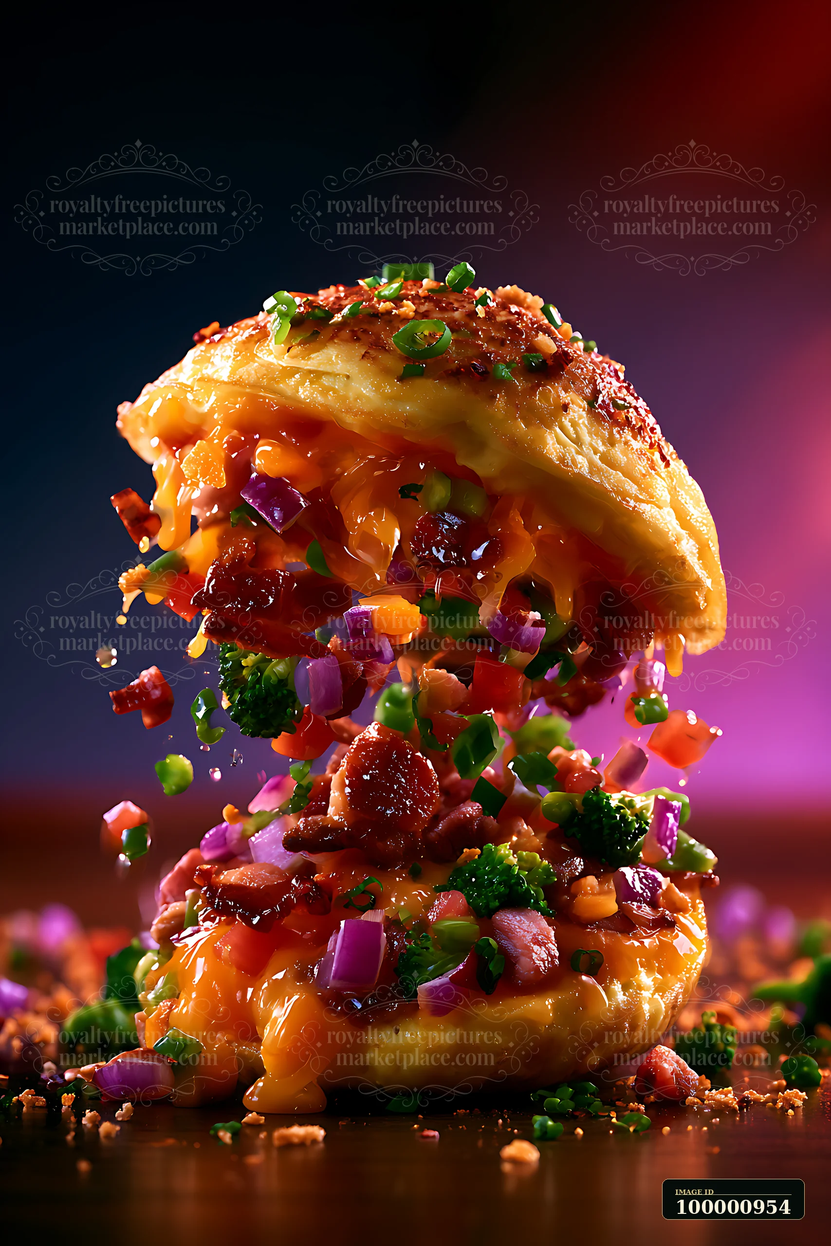 A flaky pastry reveals a colorful mix of cheese, vegetables, and meat.