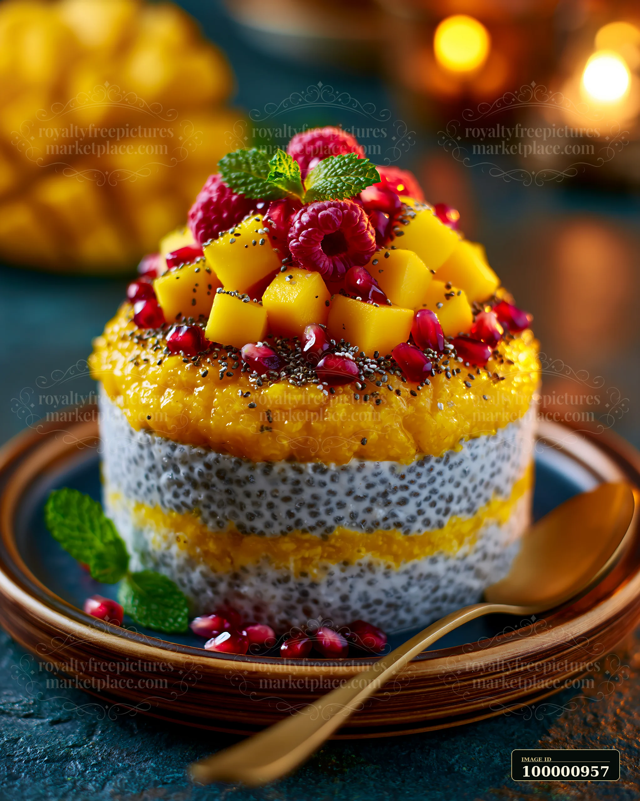 A layered dessert featuring mango puree, chia seeds, raspberries, and pomegranate seeds is placed on a wooden plate.