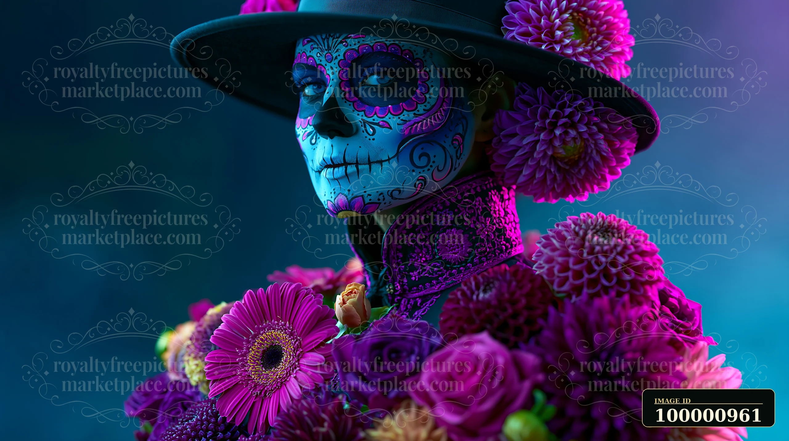 A figure with a colorful skull face mask stands adorned with bright flowers.