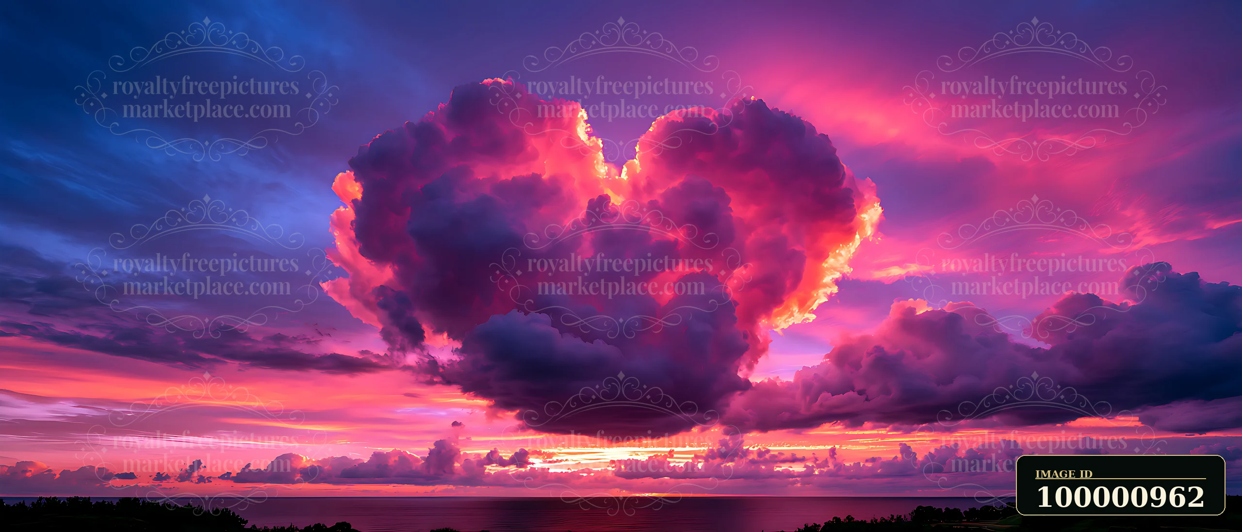 Colorful clouds create a heart shape against a vibrant sunset over the ocean.