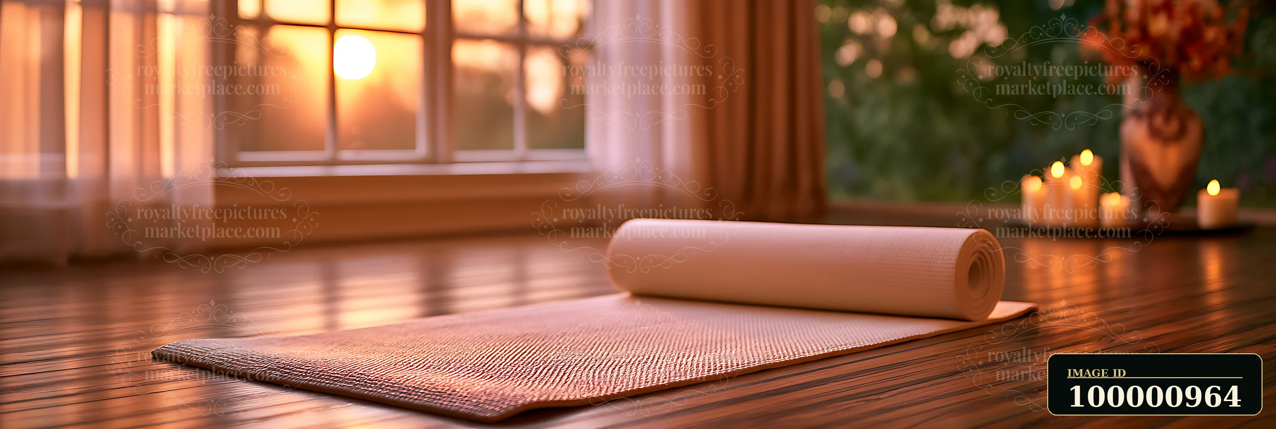 A yoga mat is laid out on the wooden floor near a window during sunset.