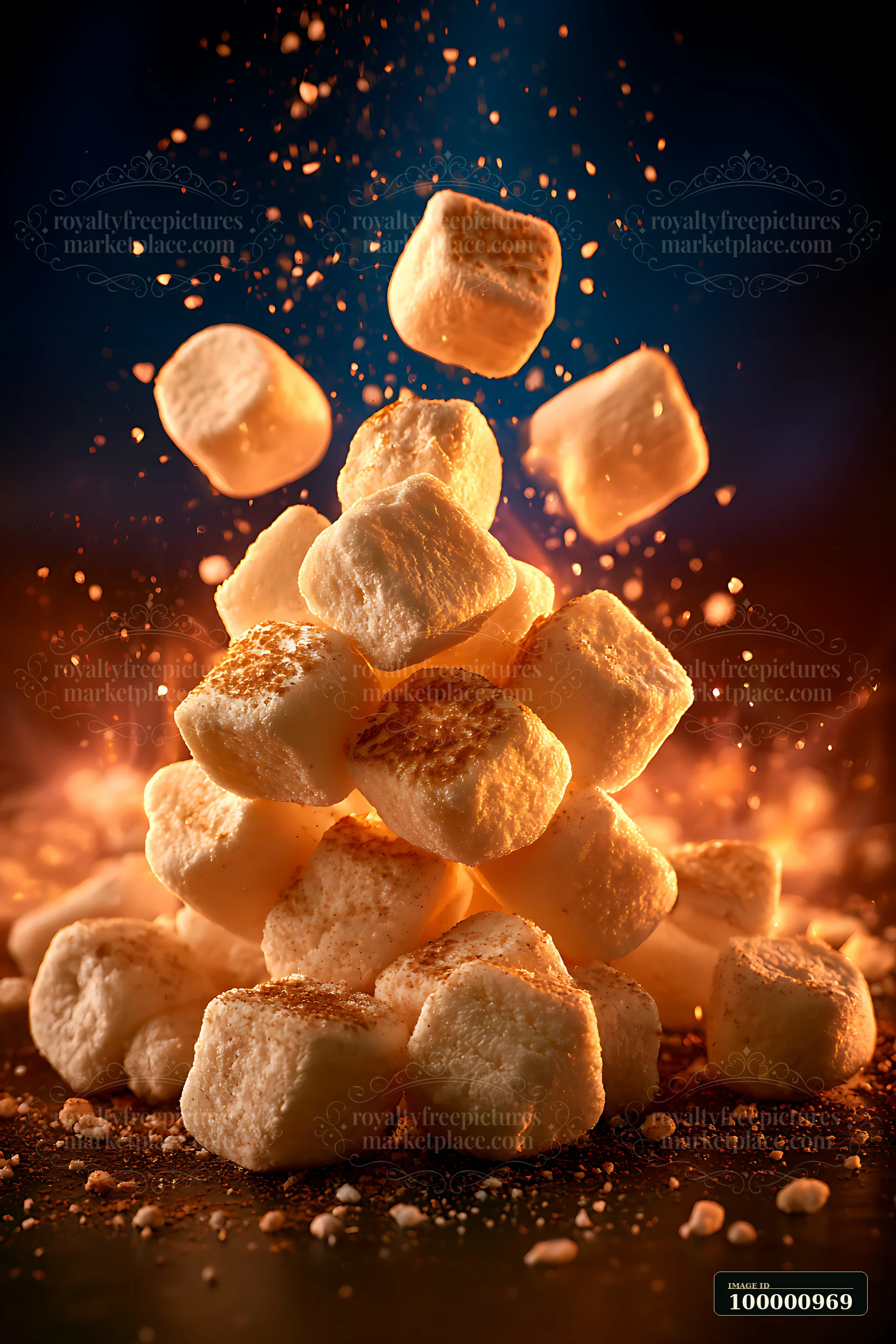 Marshmallows are suspended in mid-air against a dark background with sparks flying around them.