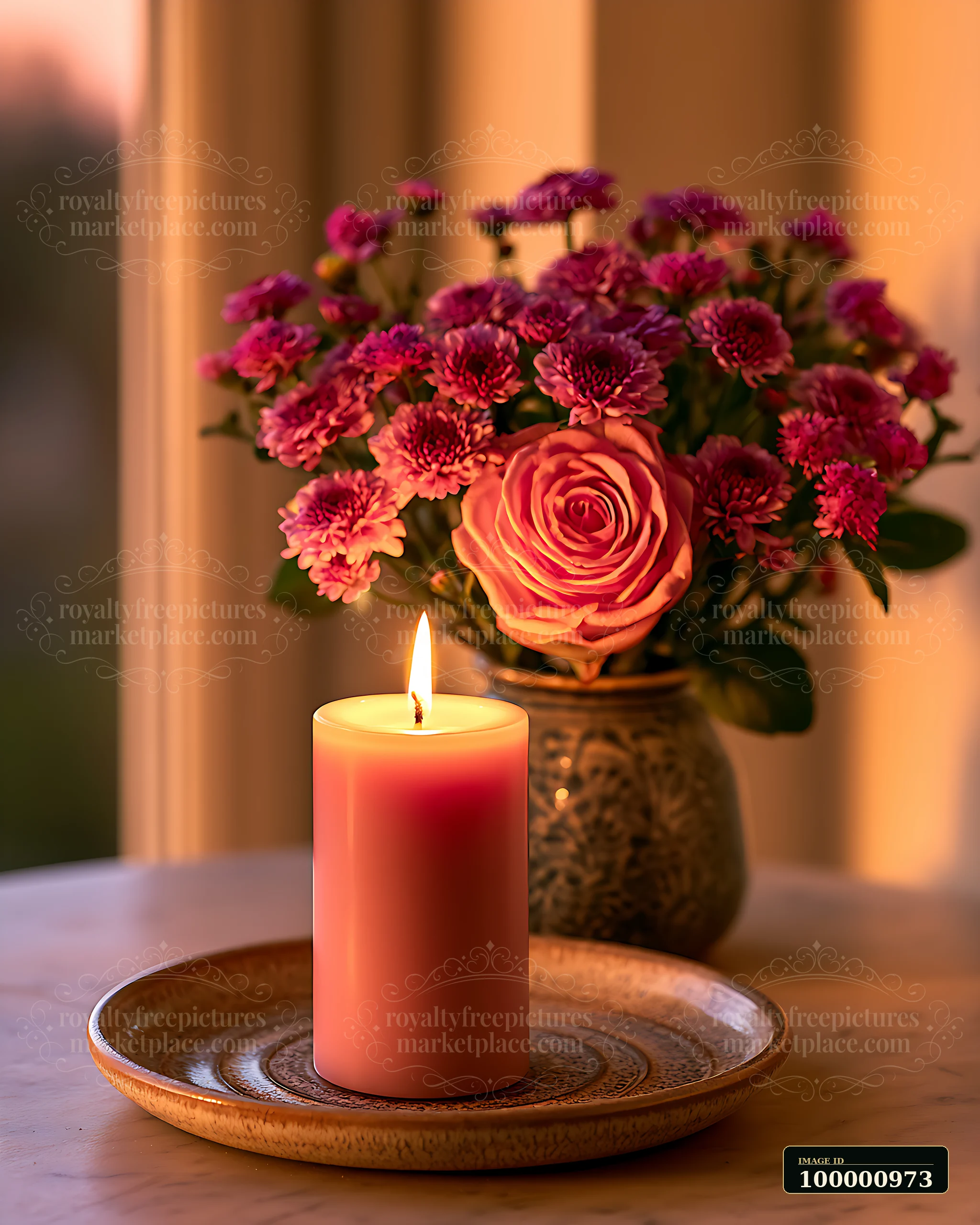 A pink candle with a flame stands on a plate next to a vase filled with pink and red flowers.