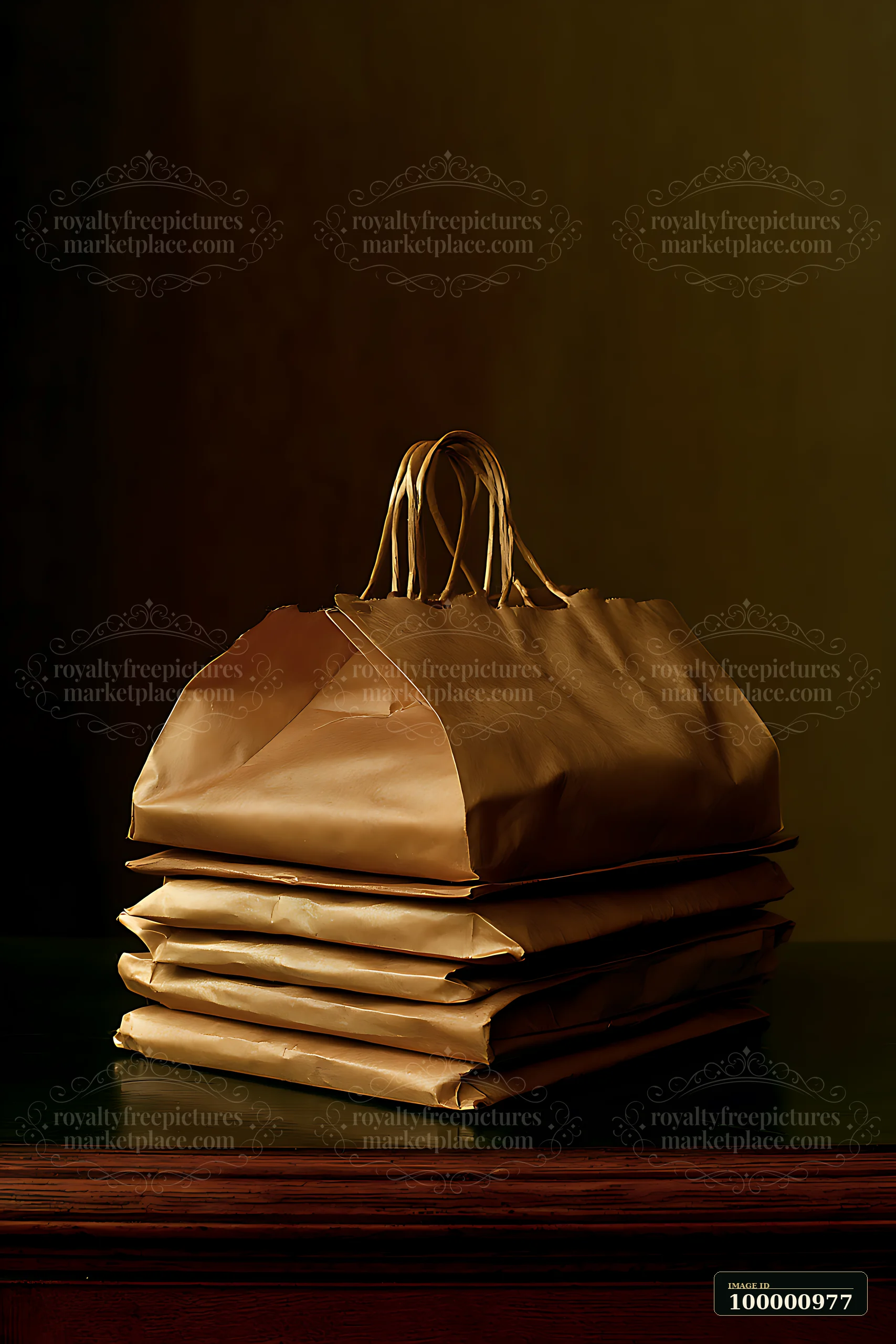 Brown paper bags are piled on a dark wooden surface.