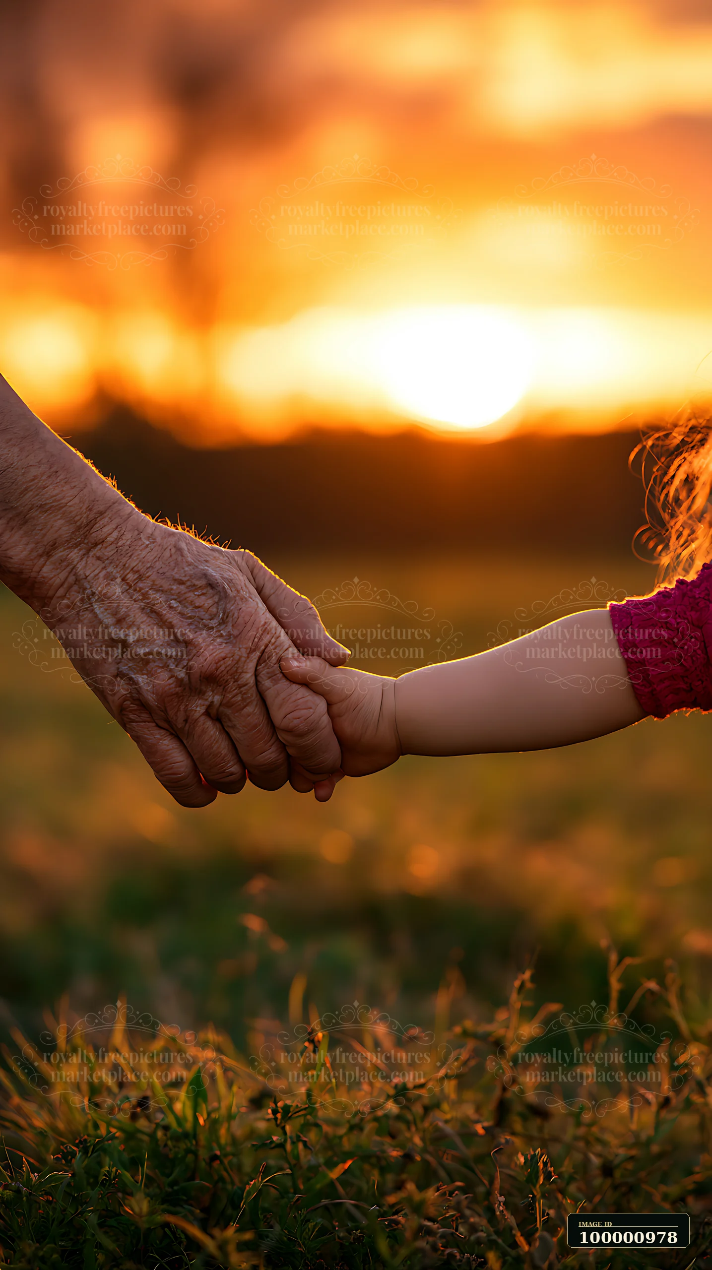 An elder and a child hold hands during sunset in a grassy field.