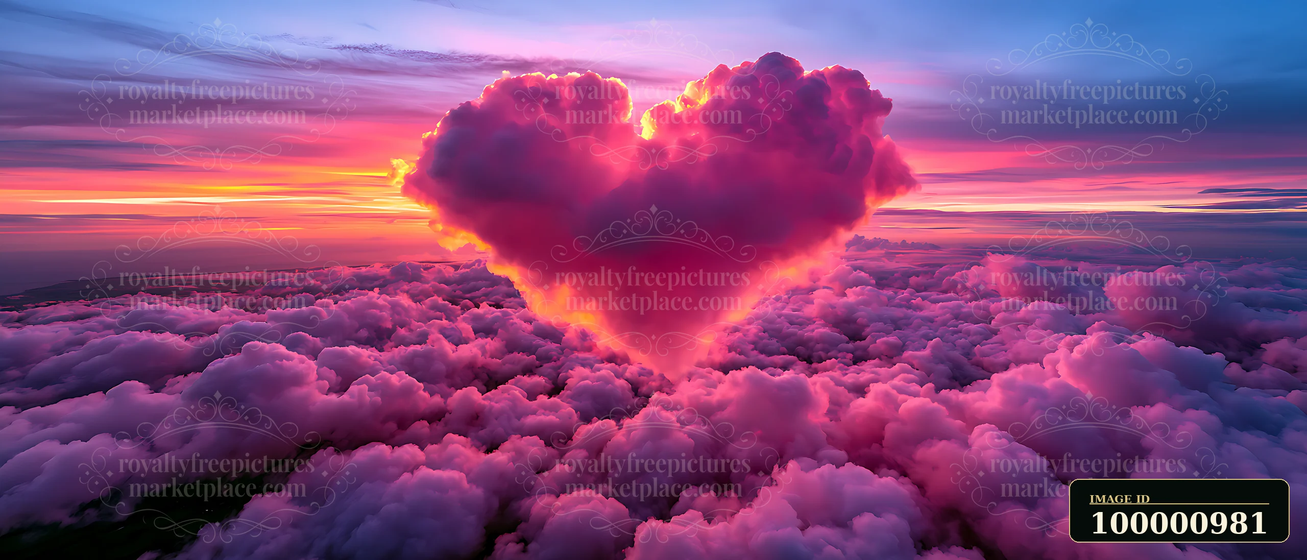 A heart-shaped cloud stands out against a vibrant sunset sky filled with pinks and purples.