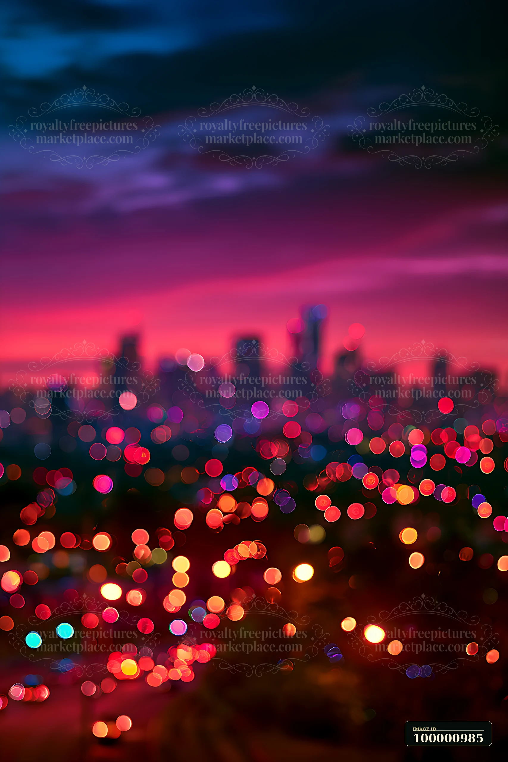 A blurred view of a vibrant city skyline during dusk, featuring colorful lights from buildings and streets below.