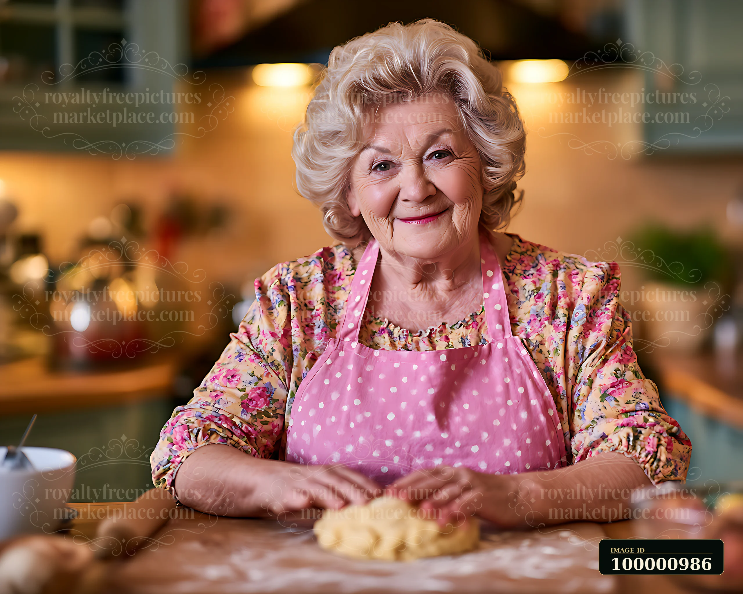 An elderly woman prepares dough on a wooden table in a home kitchen.