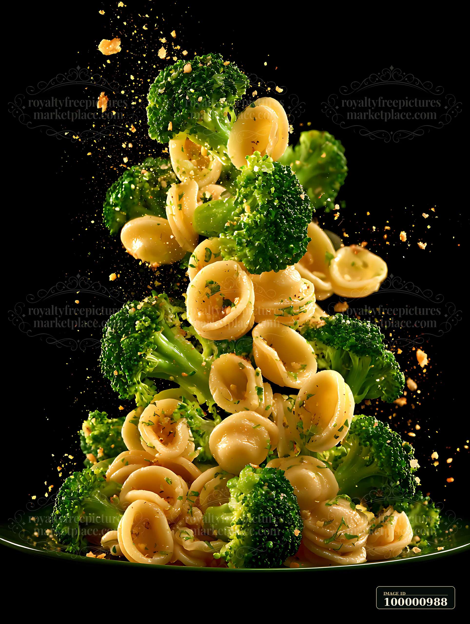 Pasta and broccoli are tossed together in an energetic arrangement.