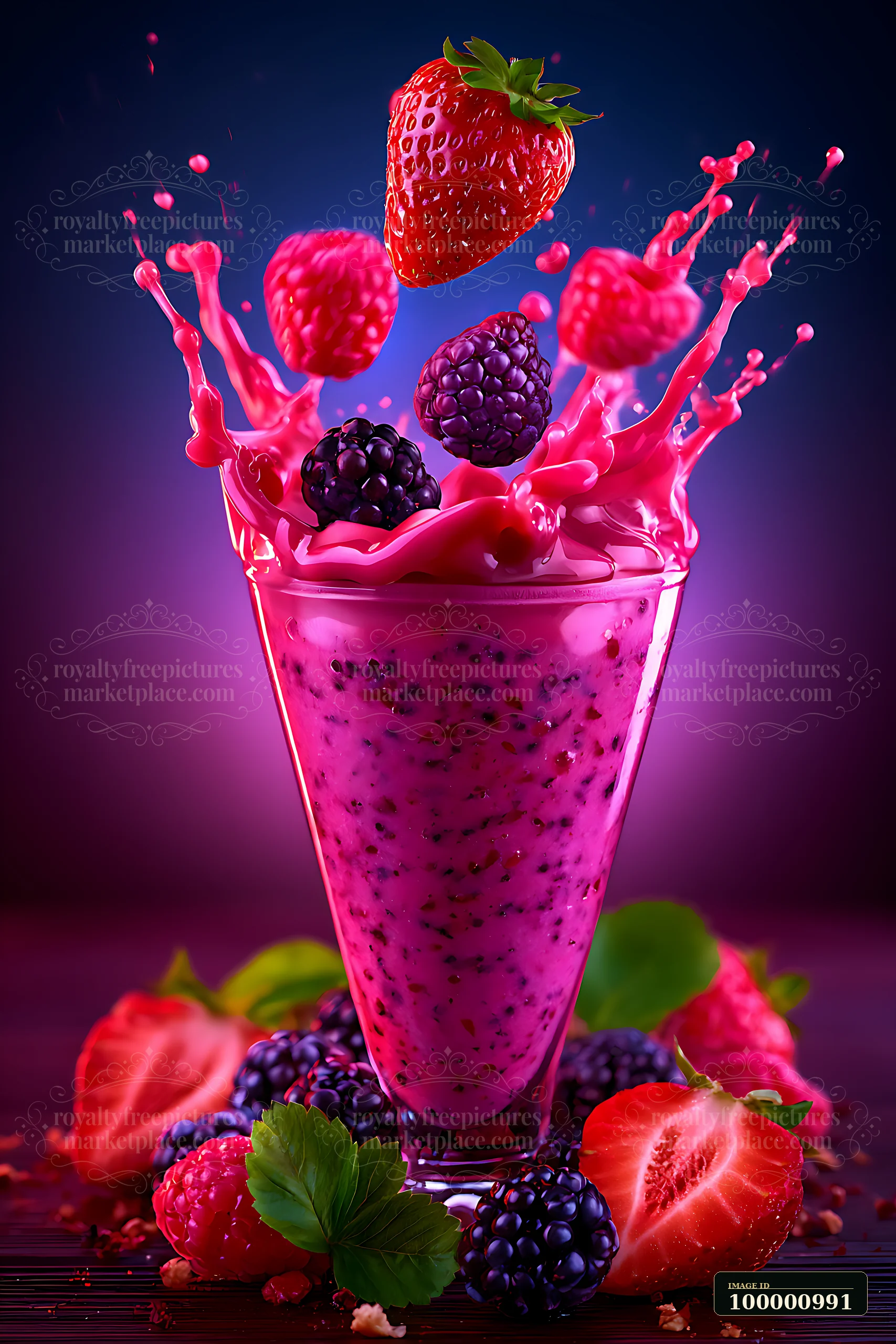 A tall glass filled with a bright fruit smoothie features splashes and fresh berries.