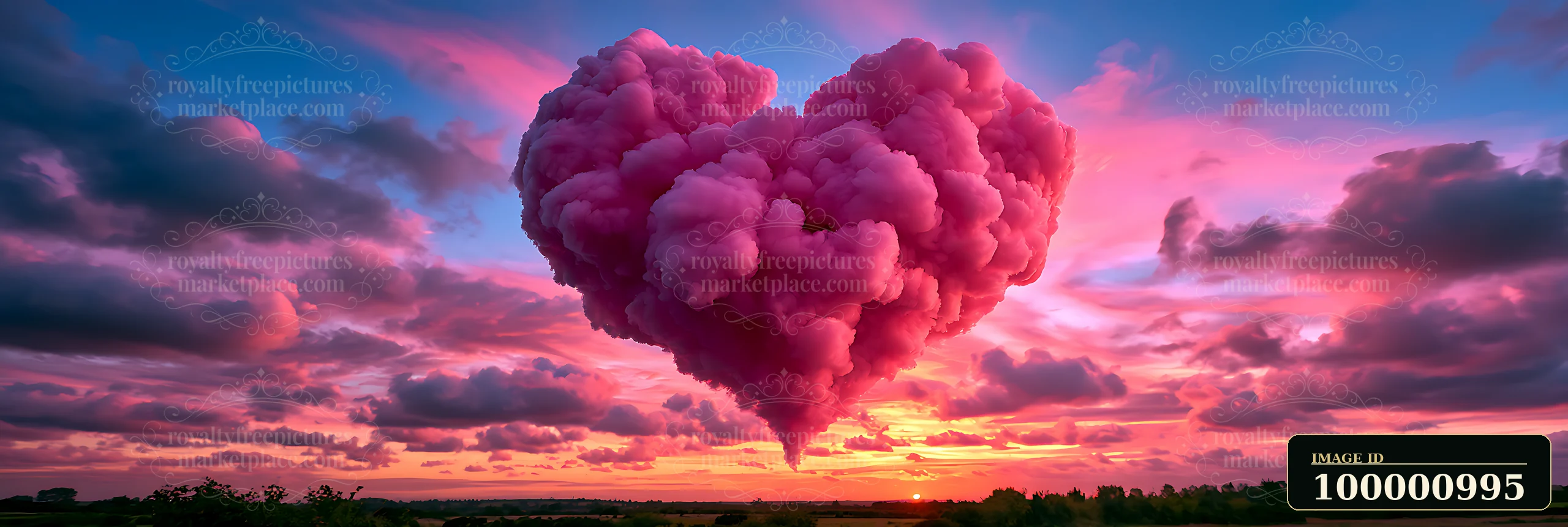 A heart-shaped cloud hangs in the sky at sunset, surrounded by vibrant pink and purple hues.