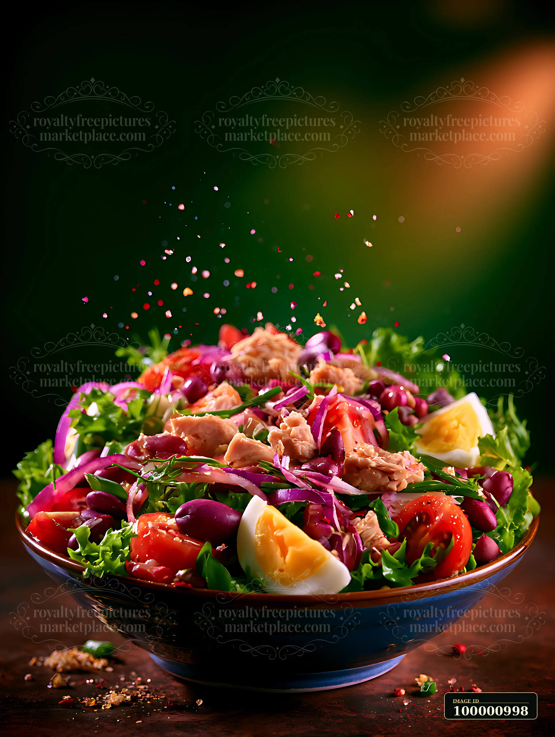 A bowl of salad holds a mix of lettuce, tomatoes, eggs, and tuna.