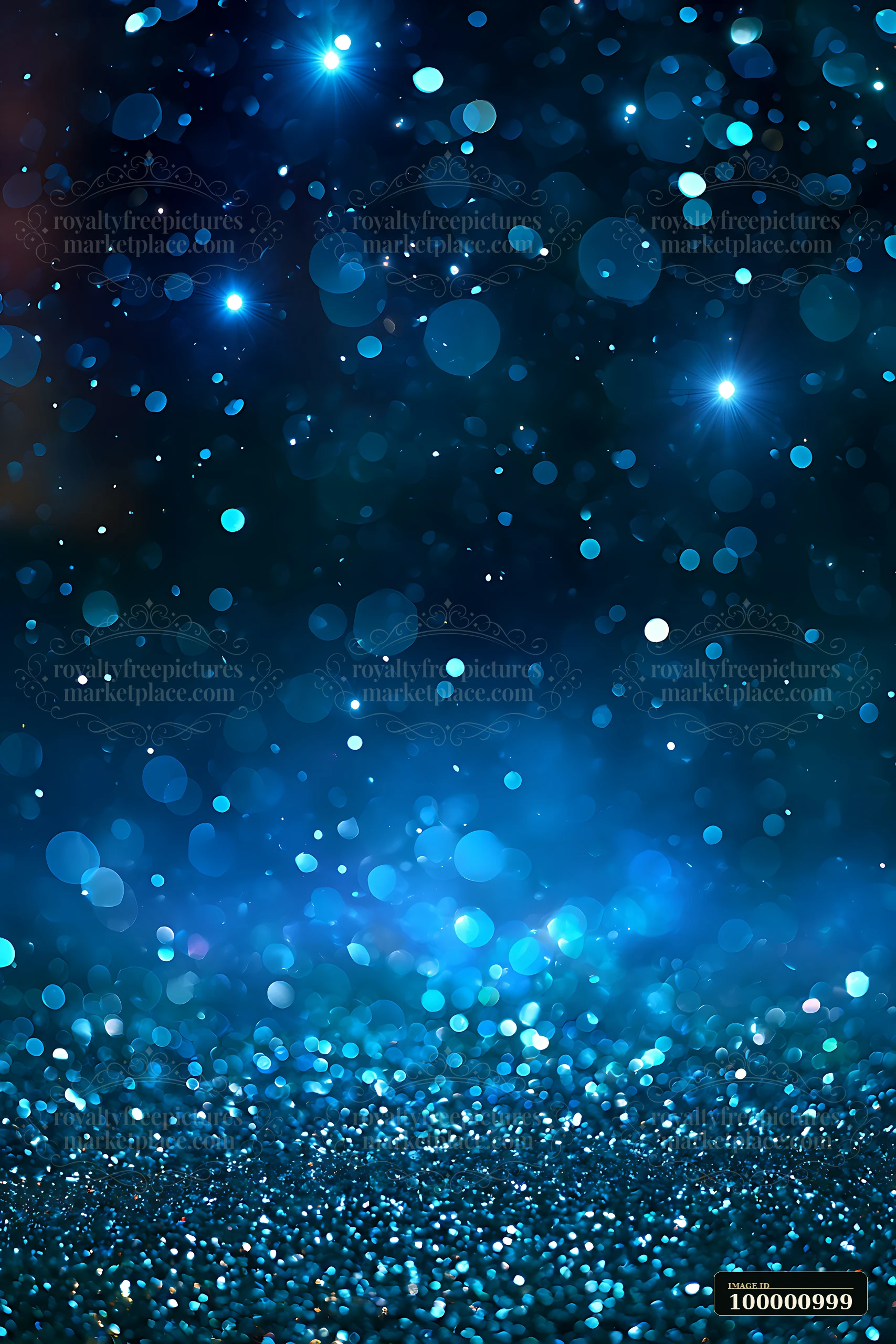 The image shows a blue background filled with sparkling bokeh lights creating a festive look.