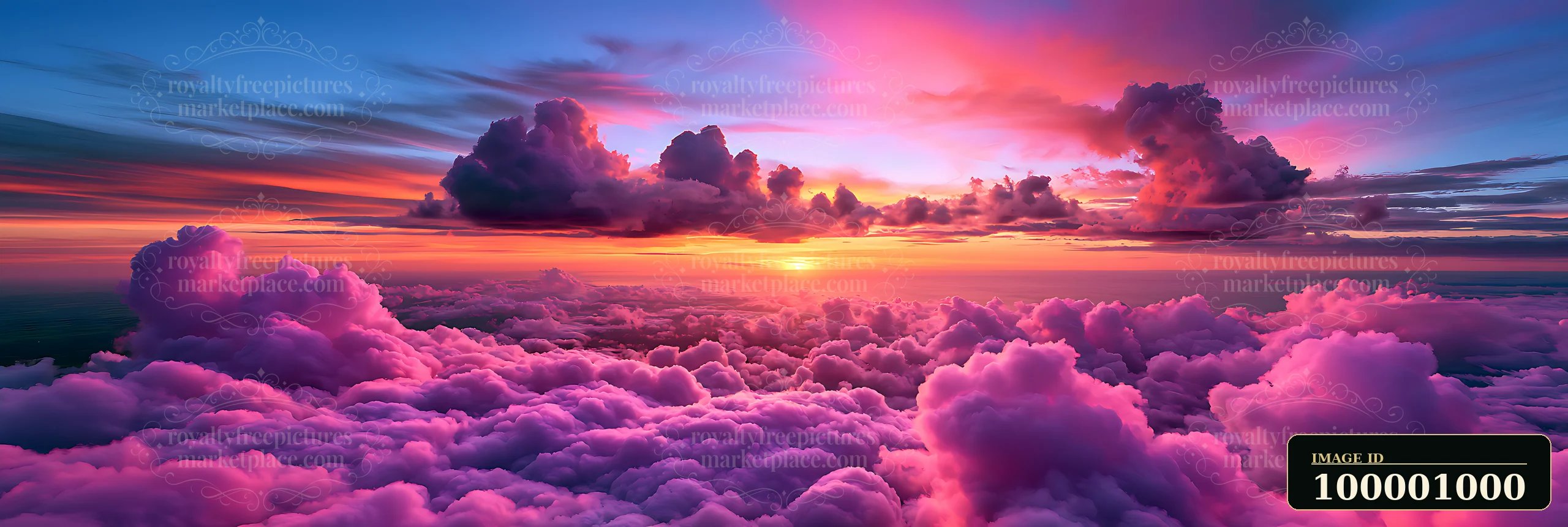 A bright sunset lights up the sky with shades of pink, orange, and purple.