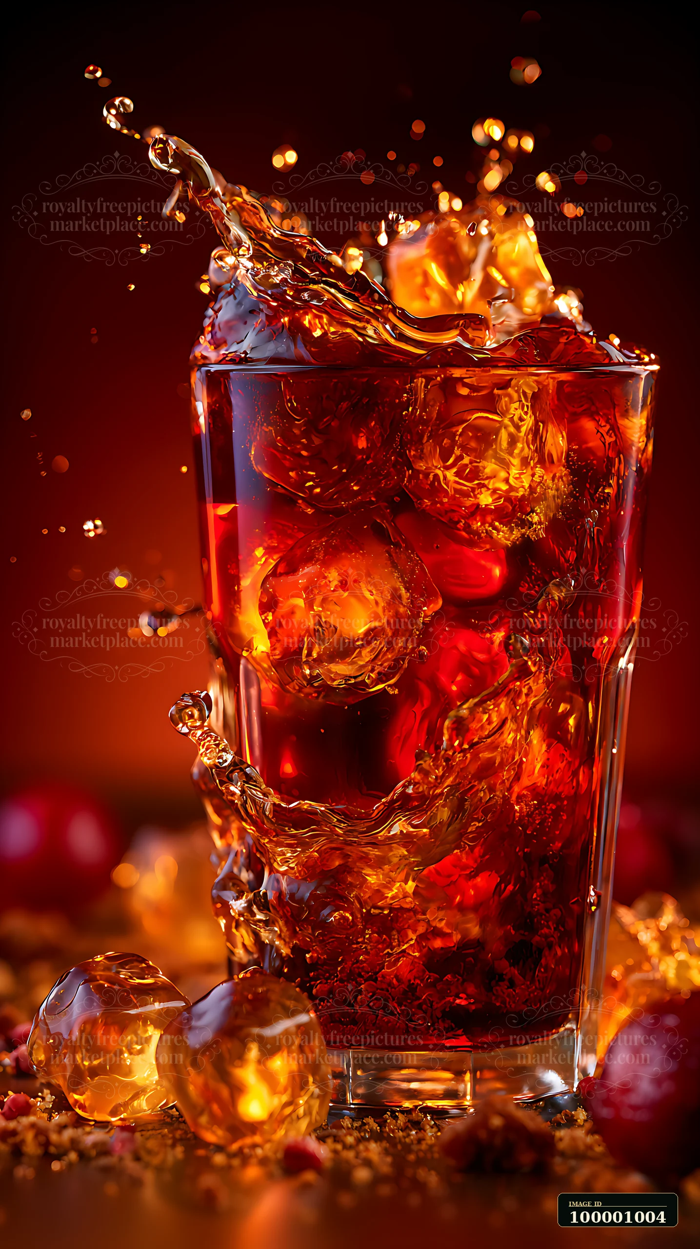A glass filled with a dark beverage showcases ice cubes splashing and vibrant reflections.