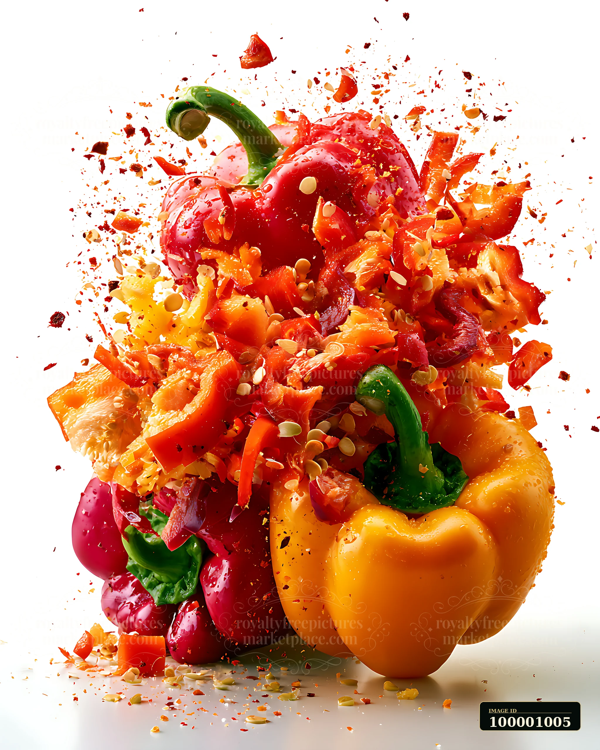 Green, red, and yellow bell peppers burst apart with flying pieces in a dynamic display.