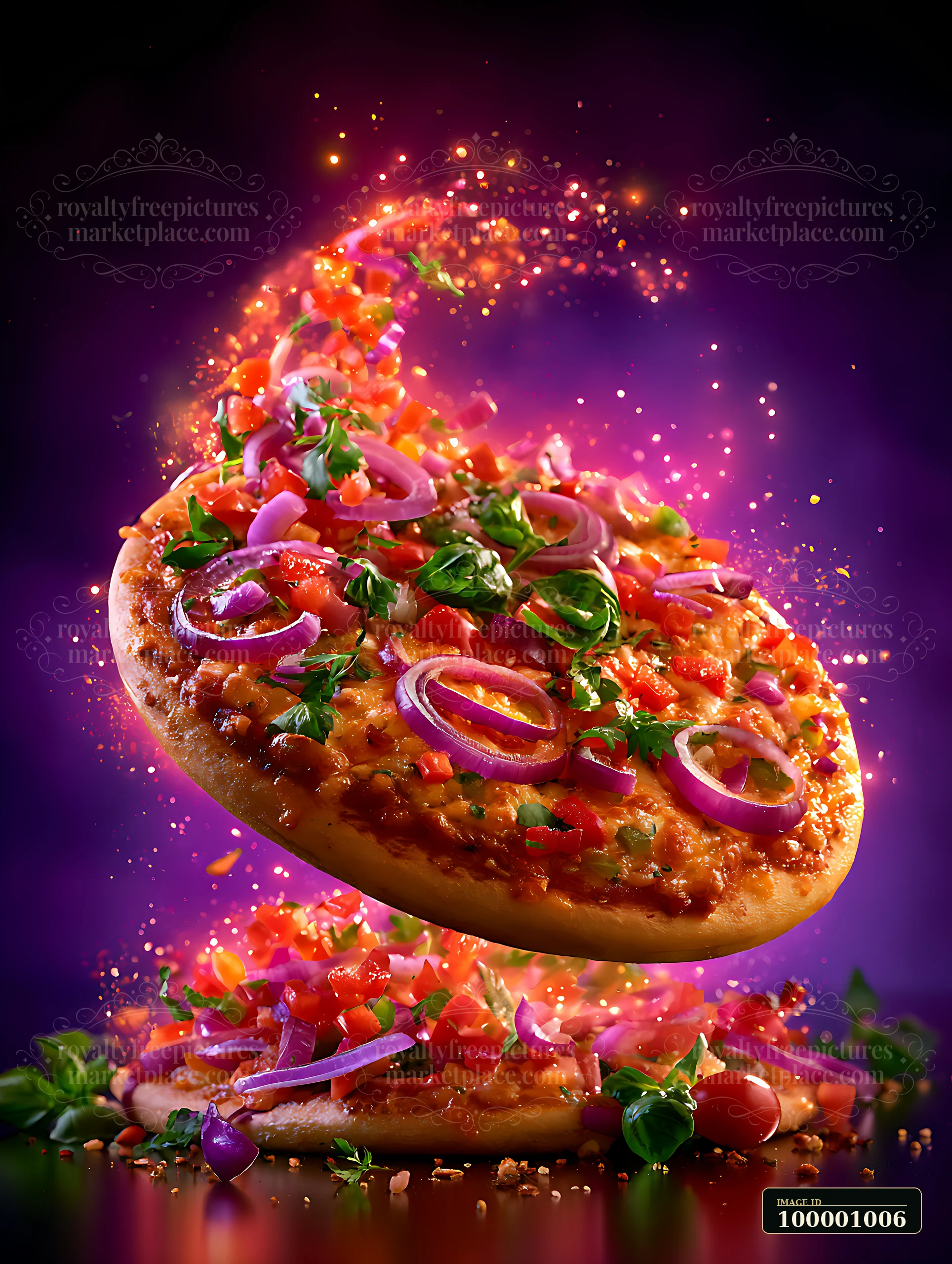 A pizza topped with bell peppers, onions, and herbs appears to float against a dark background.