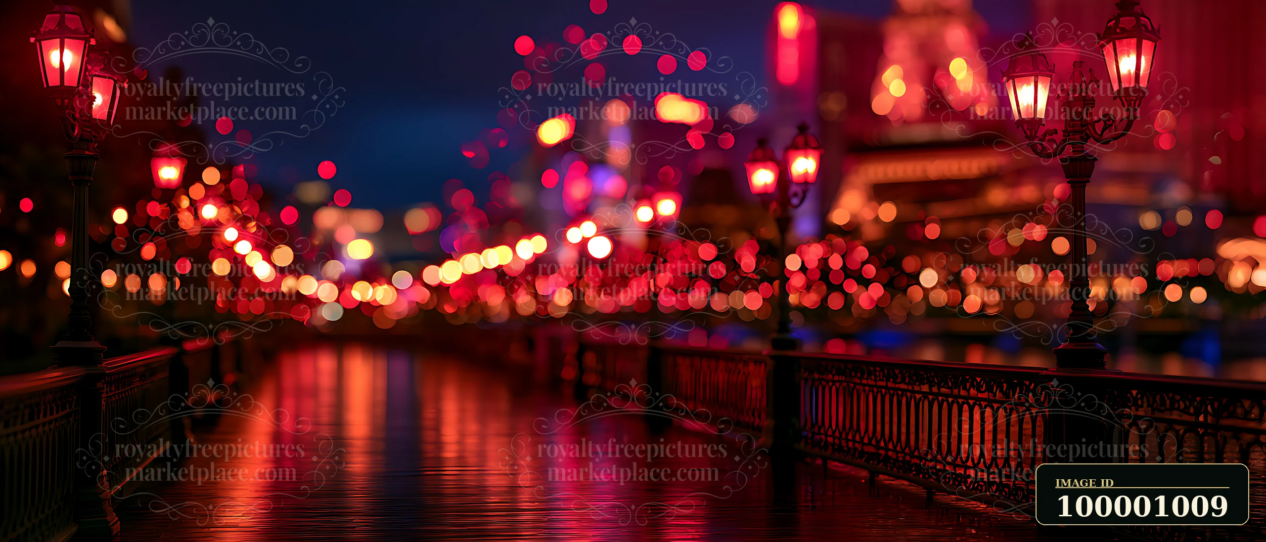 The scene shows a waterfront area at night with bright street lamps lining a walkway.