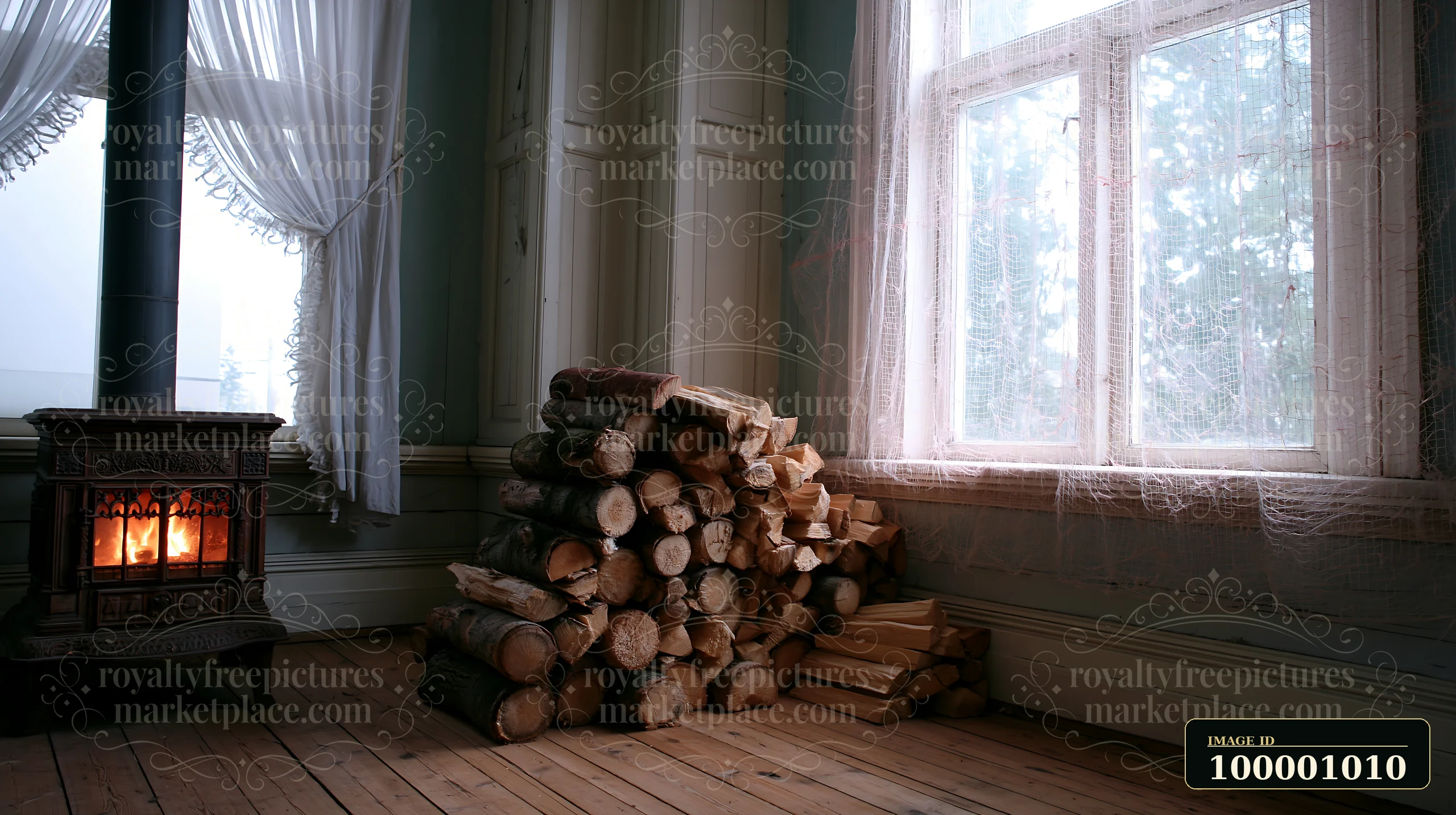 A stack of firewood stands against the wall in a room with a vintage stove.