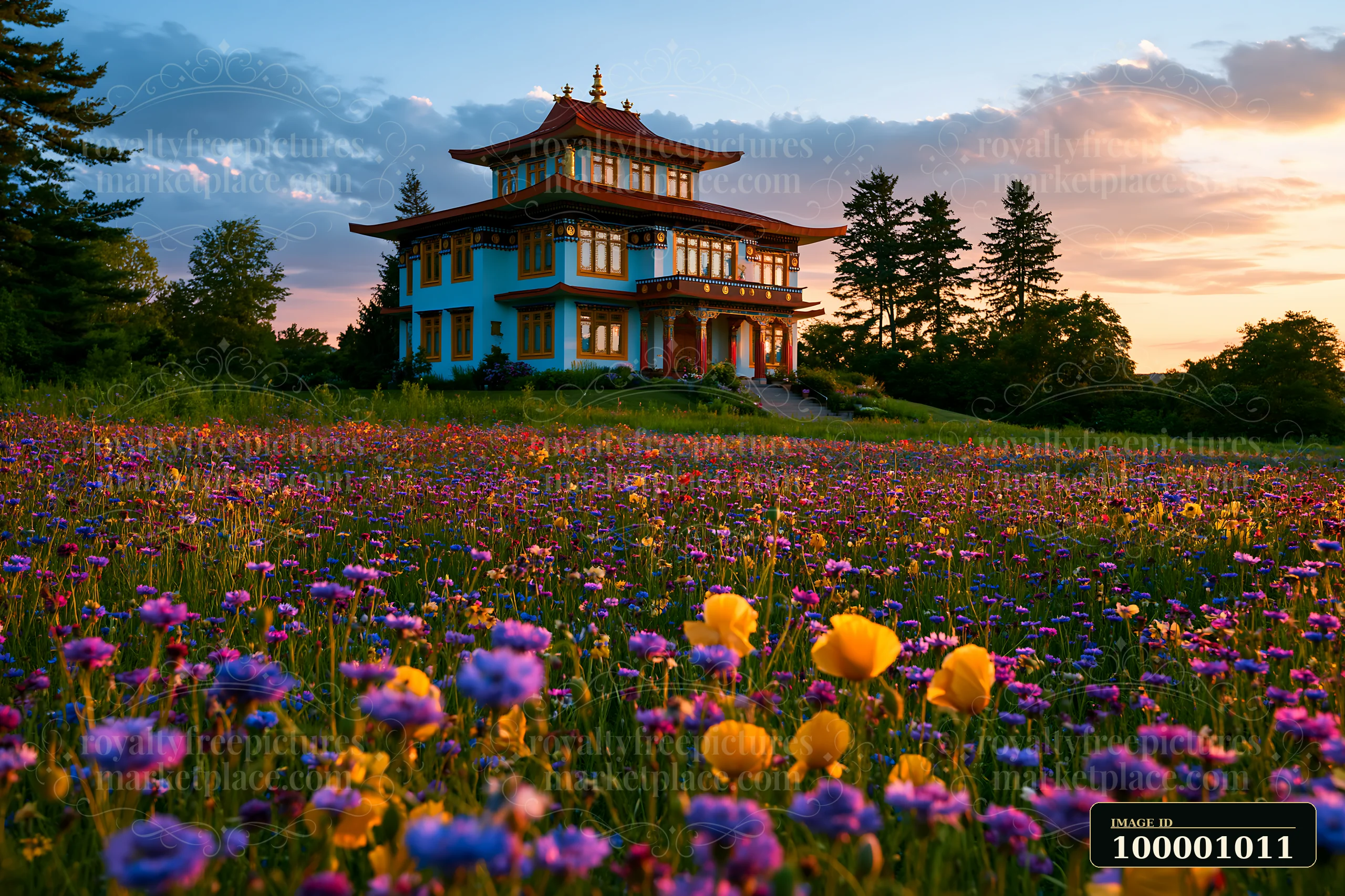 A field filled with various flowers surrounds a large blue house.