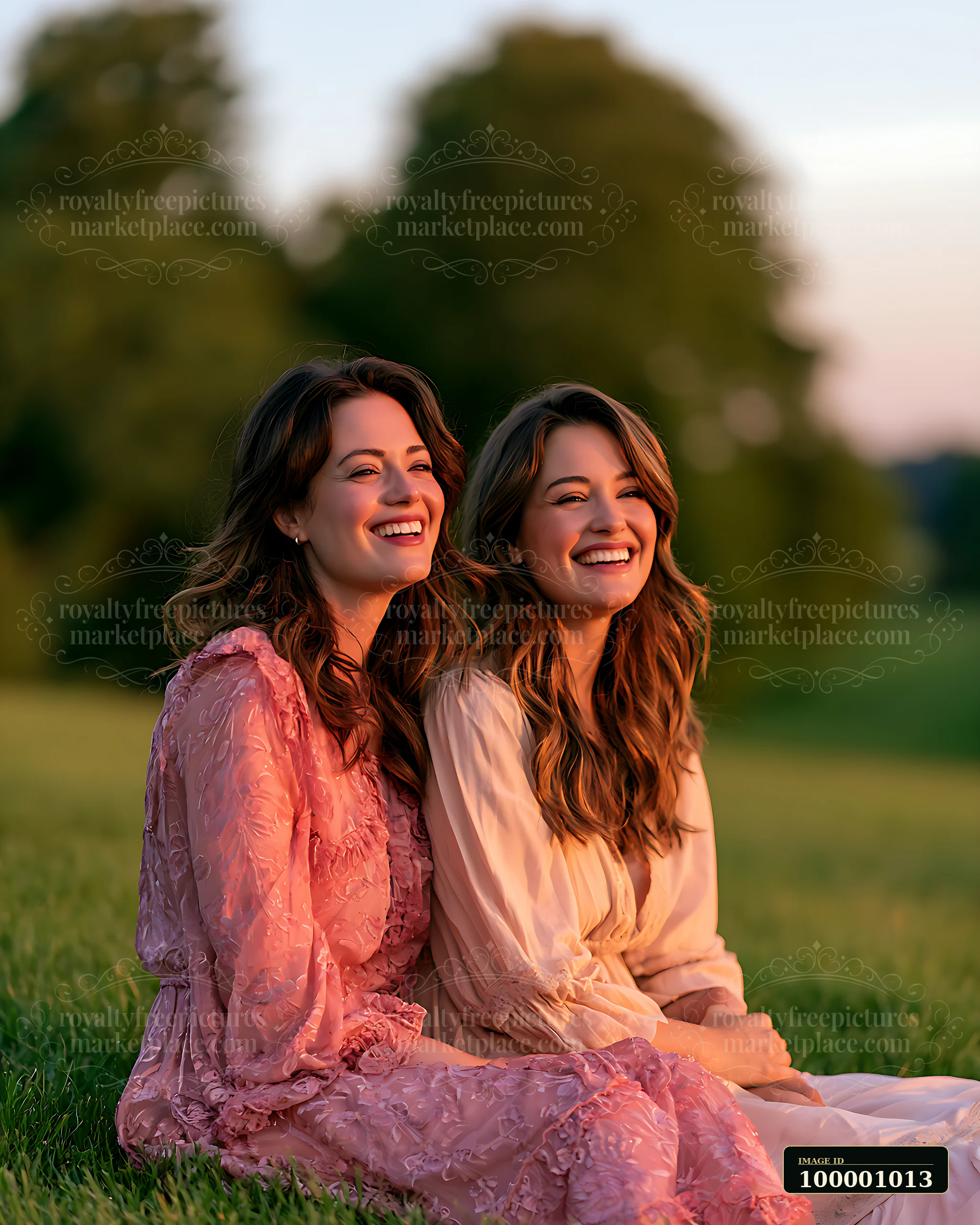 Two women smile while sitting side by side on green grass during sunset.