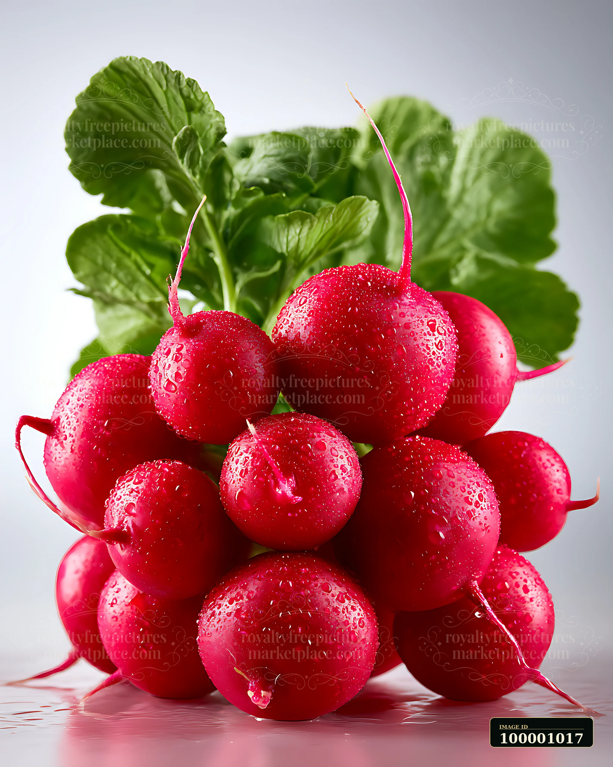 Fresh red radishes are arranged together with water droplets on their skin.