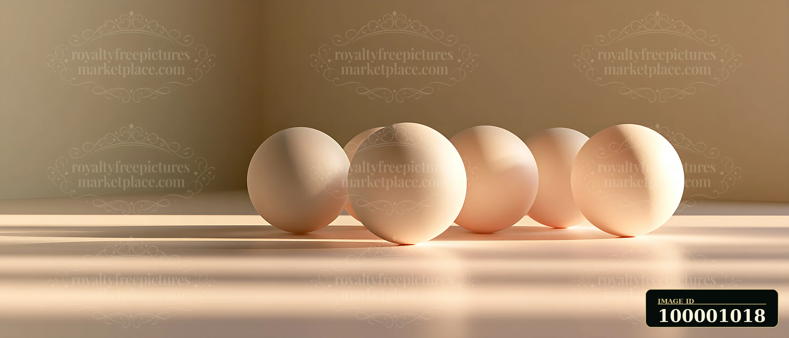 Five eggs are displayed in a straight line on a light-colored wooden table illuminated by soft shadows.