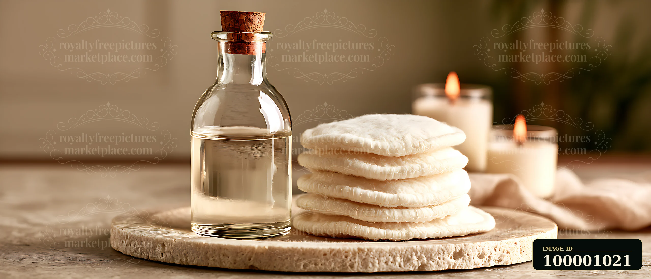 Cotton pads are stacked on a wooden tray next to a glass bottle filled with oil.