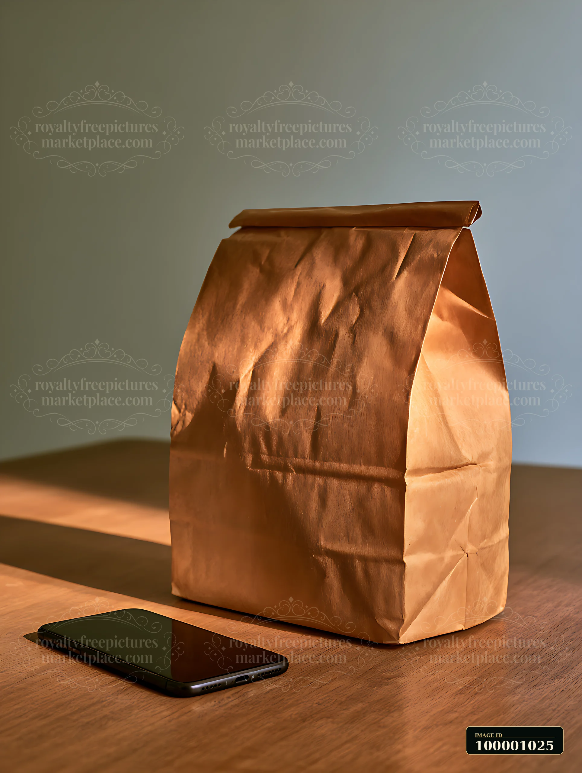 A brown paper bag sits beside a smartphone on a wooden table.