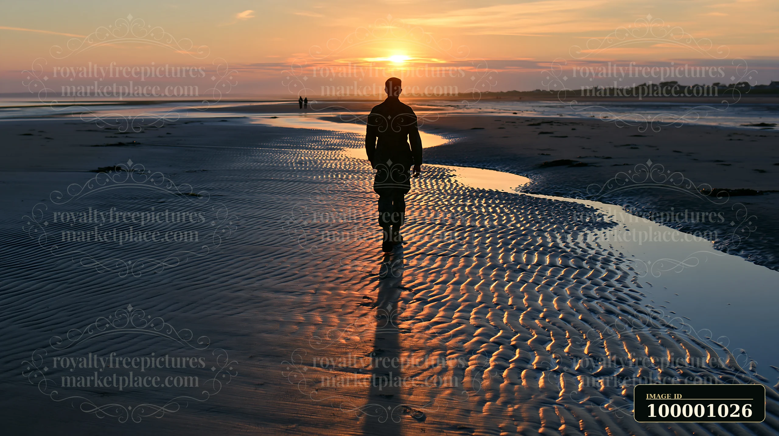 A soldier walks along the shoreline at sunset, casting a long shadow on the wet sand.
